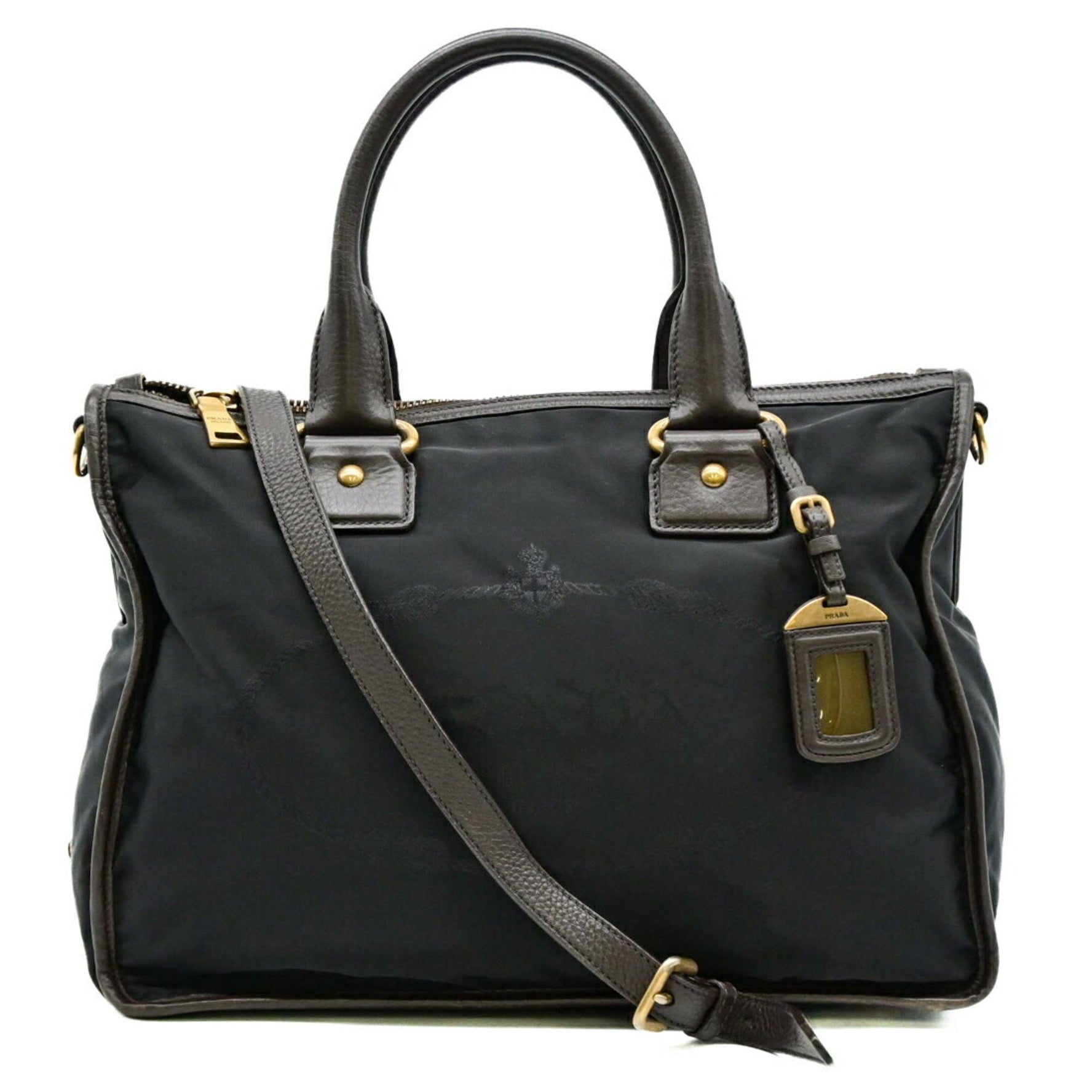 PRADA Prada Jacquard Triangle Plate Shoulder Handbag Tote Nylon Black Brown BL0748