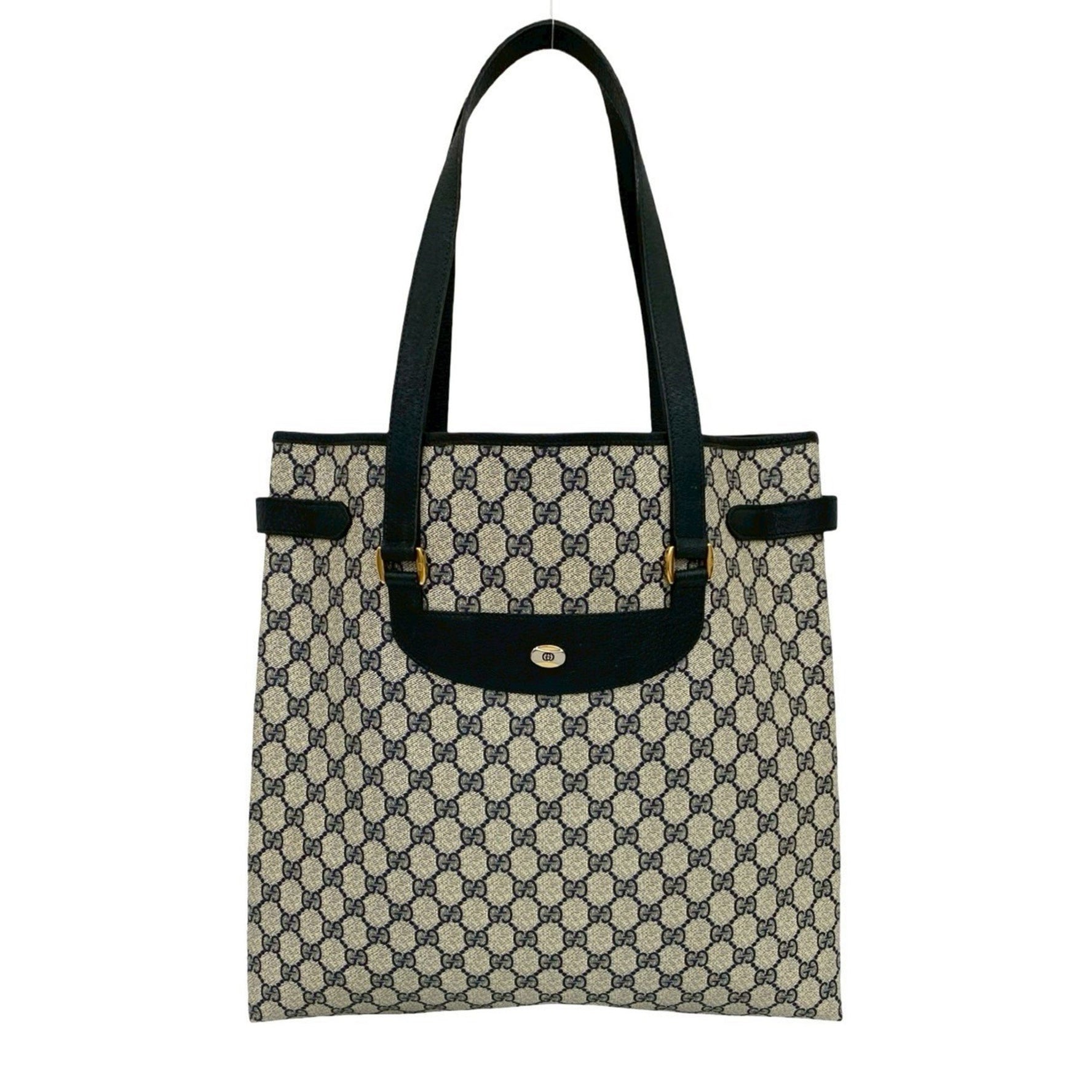 GUCCI Old Gucci GG Logo Hardware Leather Tote Bag Handbag Semi-Shoulder Navy 91-10