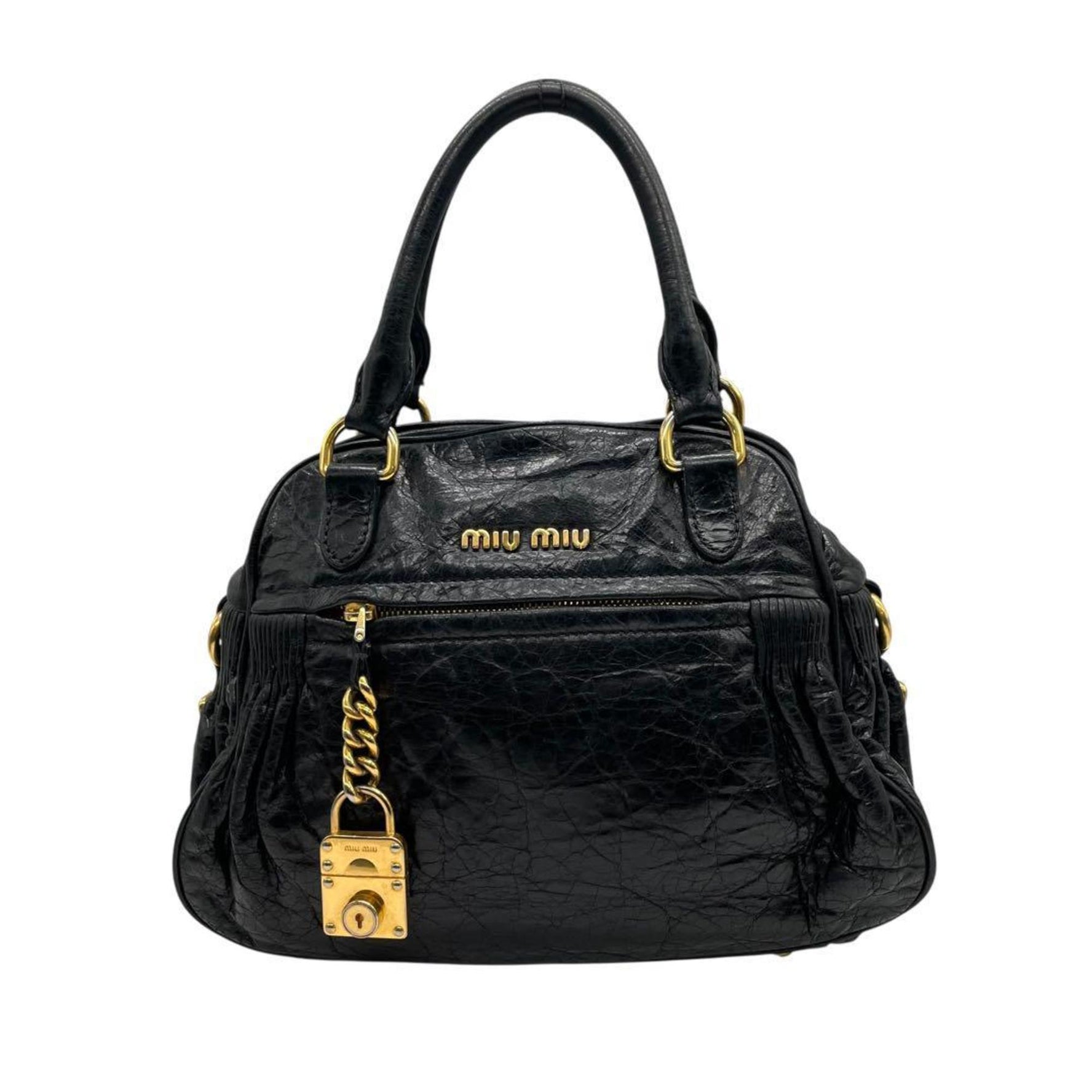 Miu Miu Miu Handbag, Nappa Leather, Padlock Charm, Gold Hardware, Compact Tote Bag, Archive