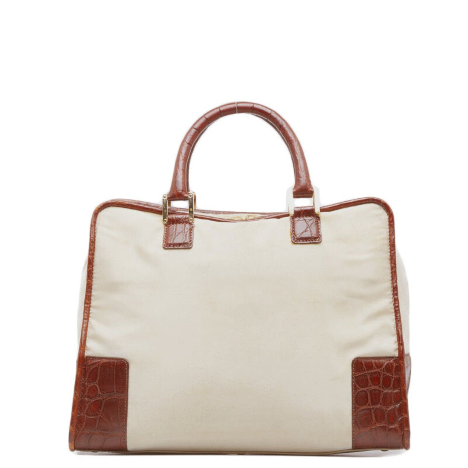 LOEWE Amazona Crocodile Embossed Handbag Mini Boston Bag Beige Brown Leather Nylon