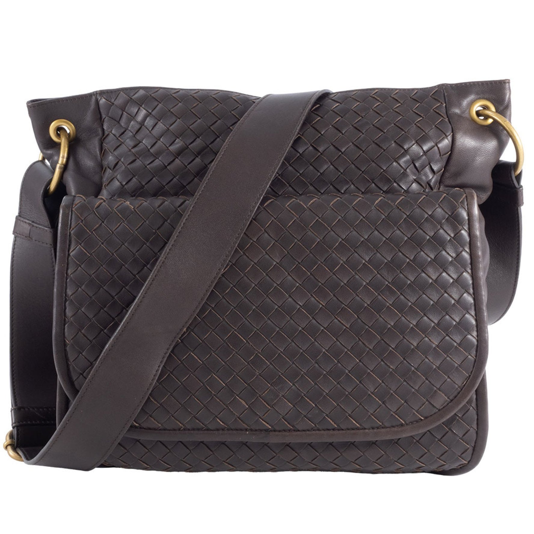 Bottega Veneta Intrecciato Shoulder Bag Dark Brown Leather, Storage Available