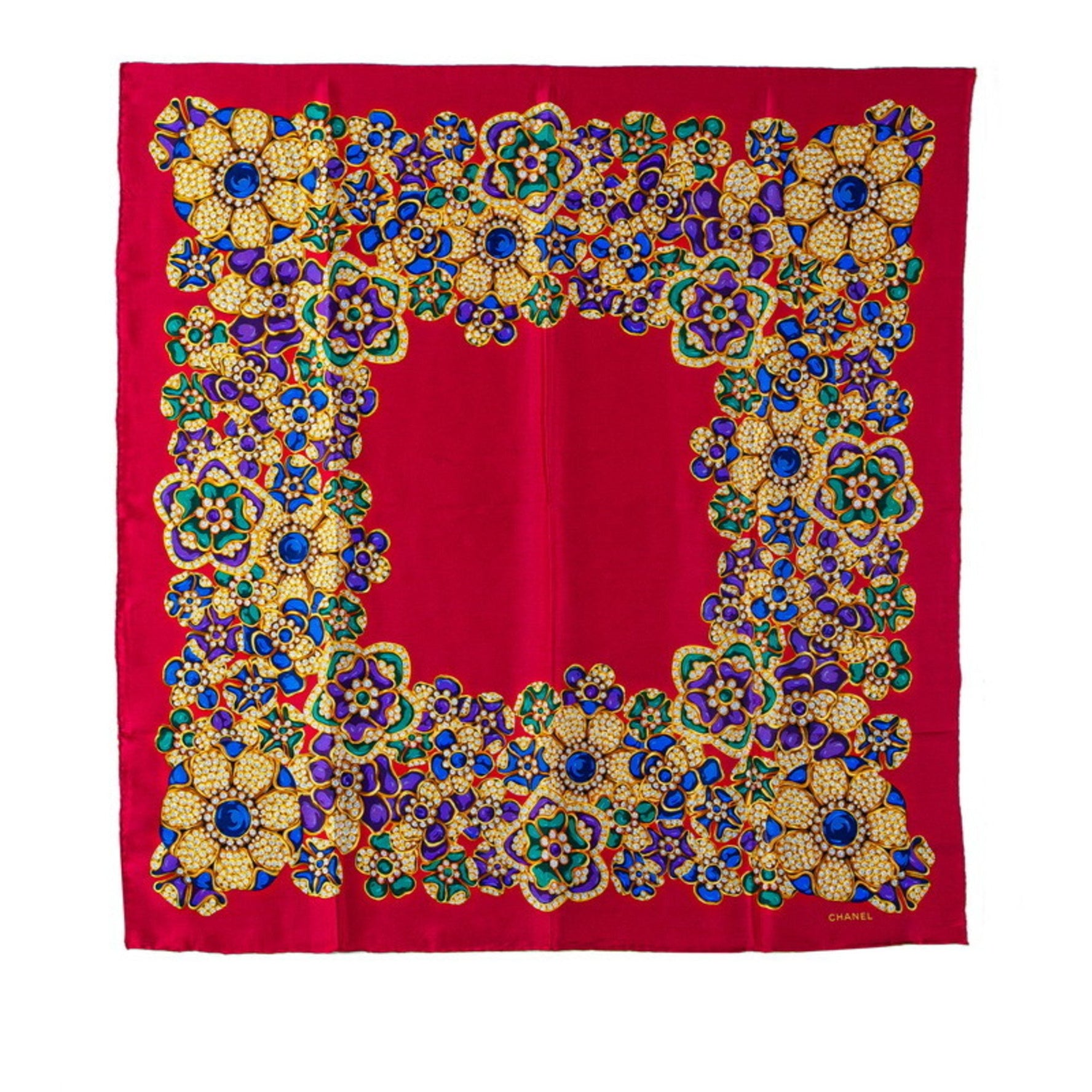 CHANEL jeweled bejeweled Gripois motif scarf, wine red multicolor silk