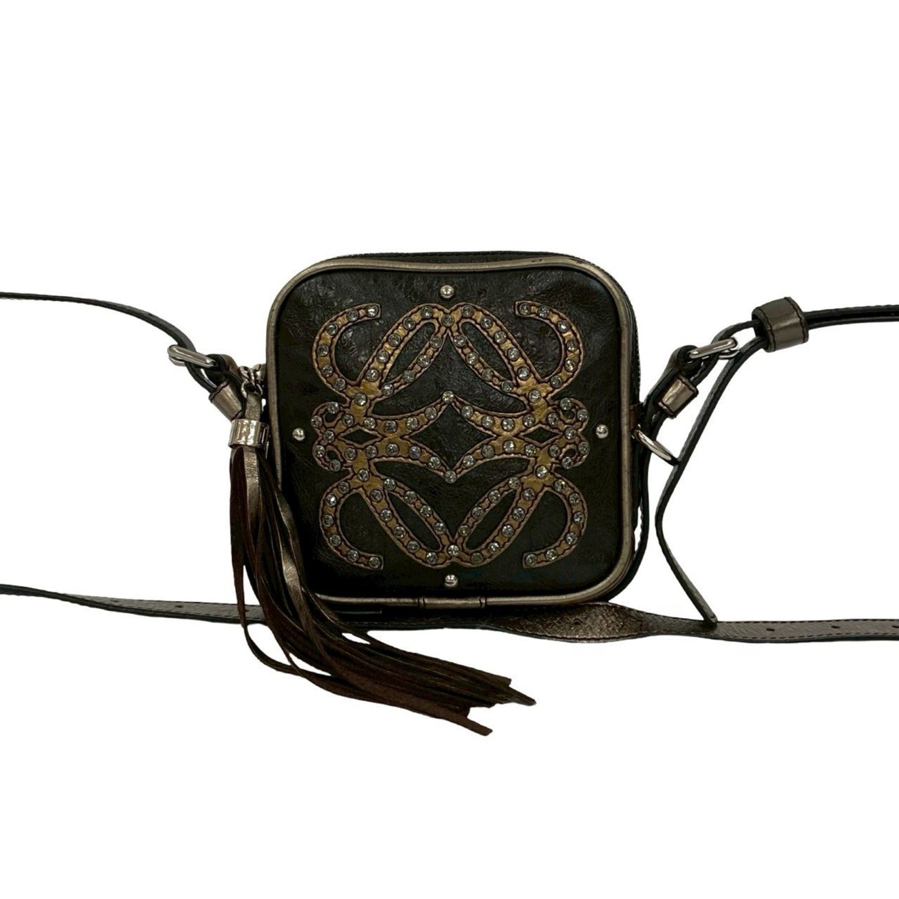 LOEWE Anagram Logo Jeweled Leather Tassel Mini Shoulder Bag Pochette Black Gold