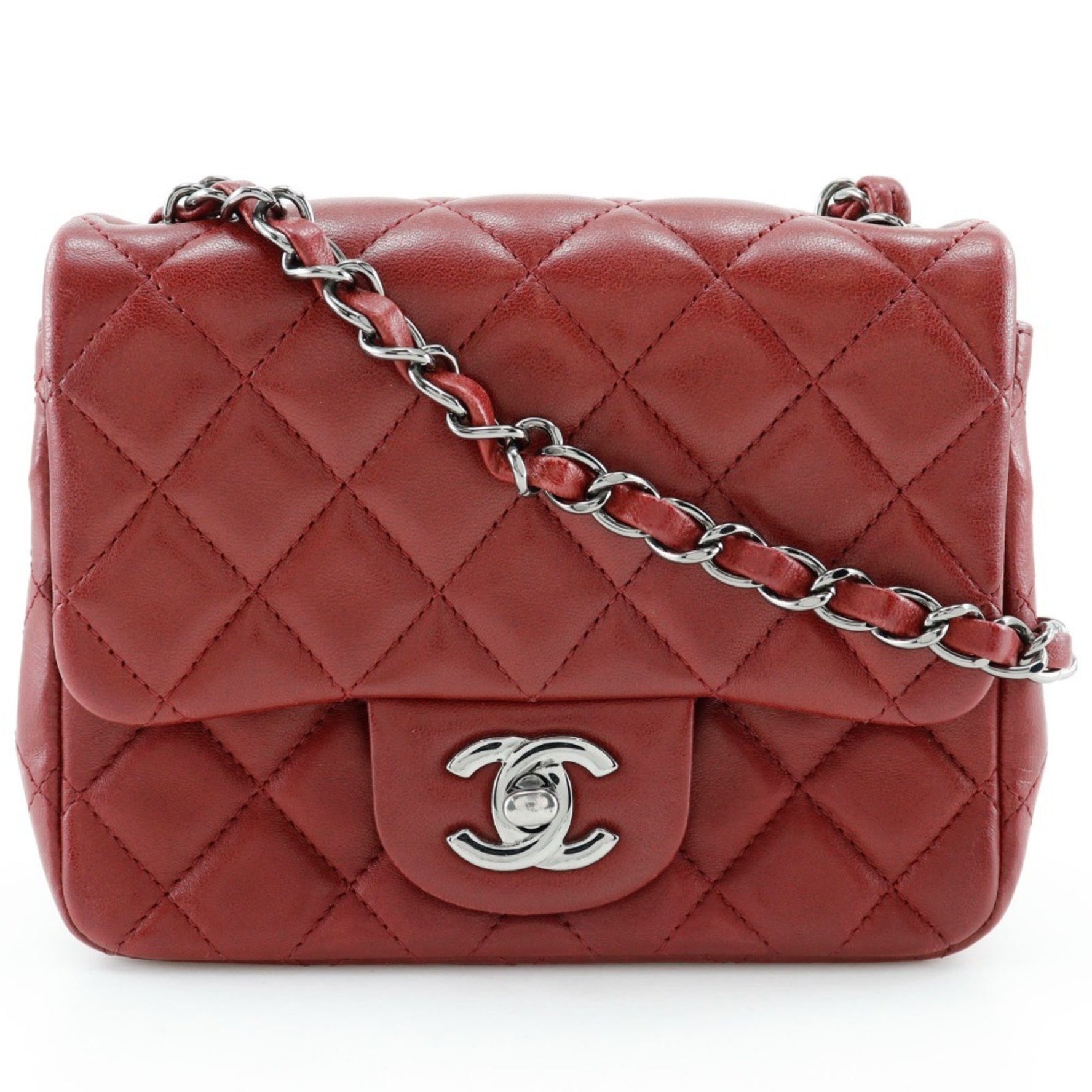 CHANEL Chain Shoulder Bag, Matelasse, Lambskin, Red, Turnlock, Mini ChainShoulder