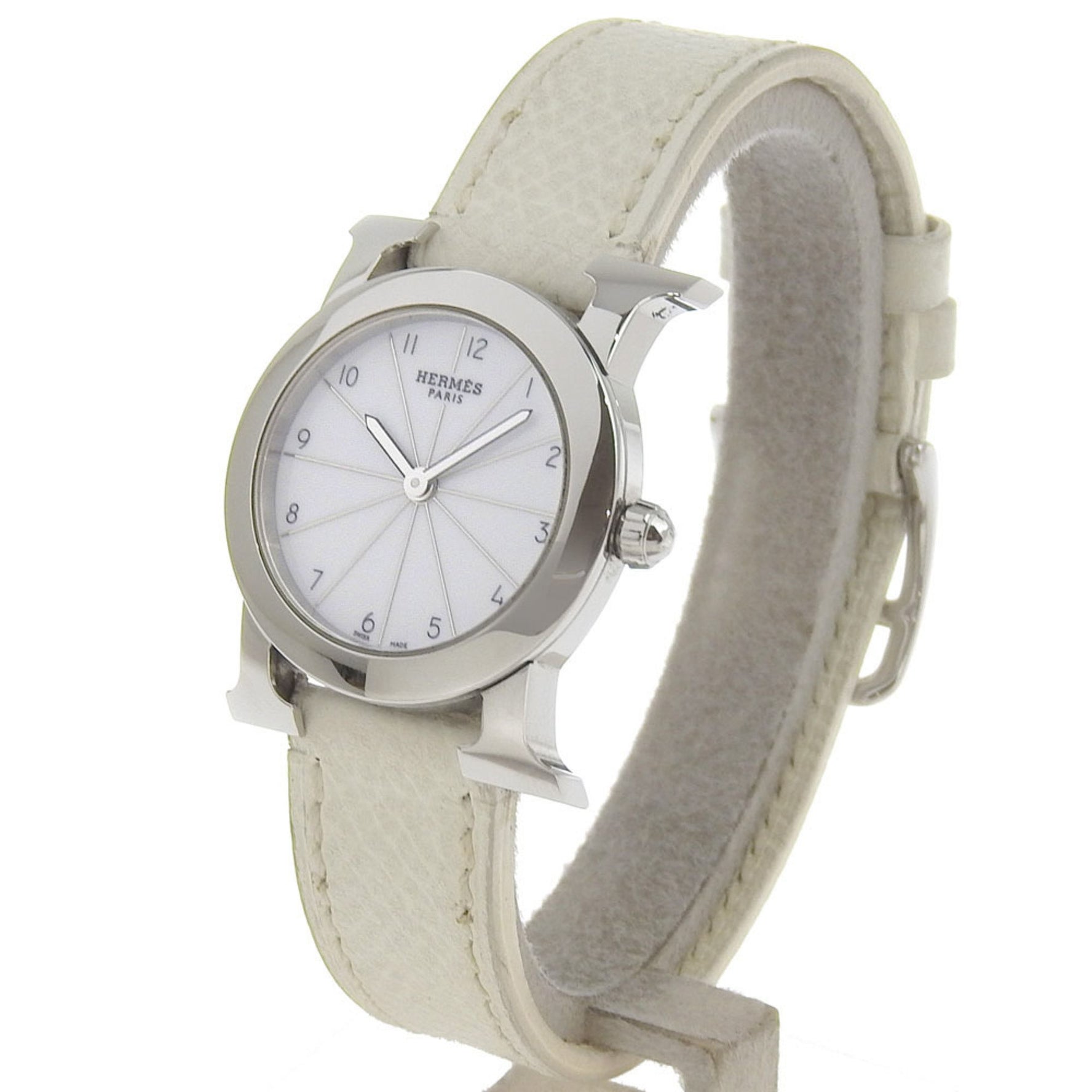 Hermes HERMES H Watch Rondo Wristwatch HR1.210 Stainless steel x embossed leather 2006 □J Quartz Analog display White dial Heure watch Ladies