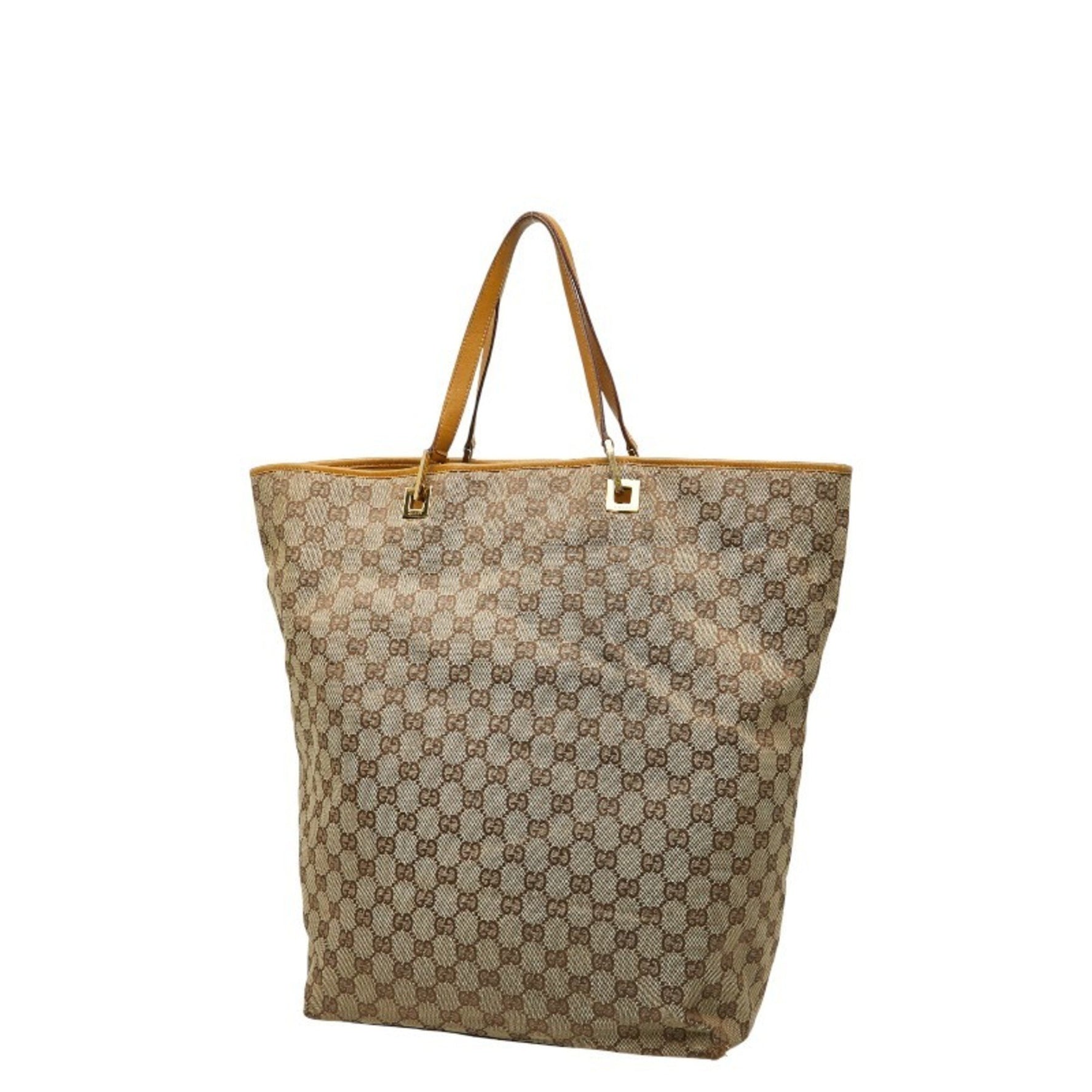 Gucci GG Canvas Tote Bag 002 1097 Beige Brown Leather
