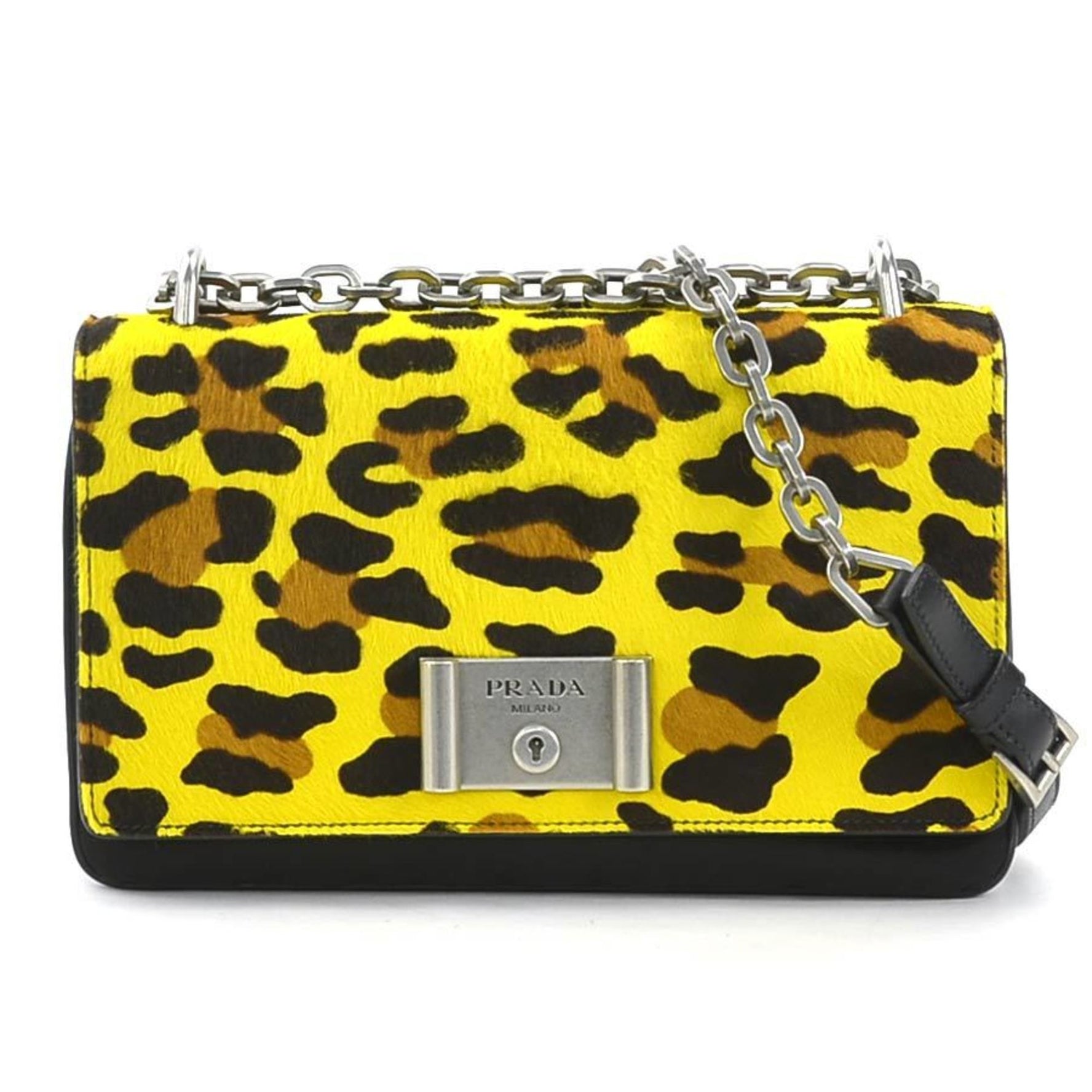 Prada Shoulder Bag Leopard Print Pony Nylon Yellow Brown Black Silver Women's w0905a