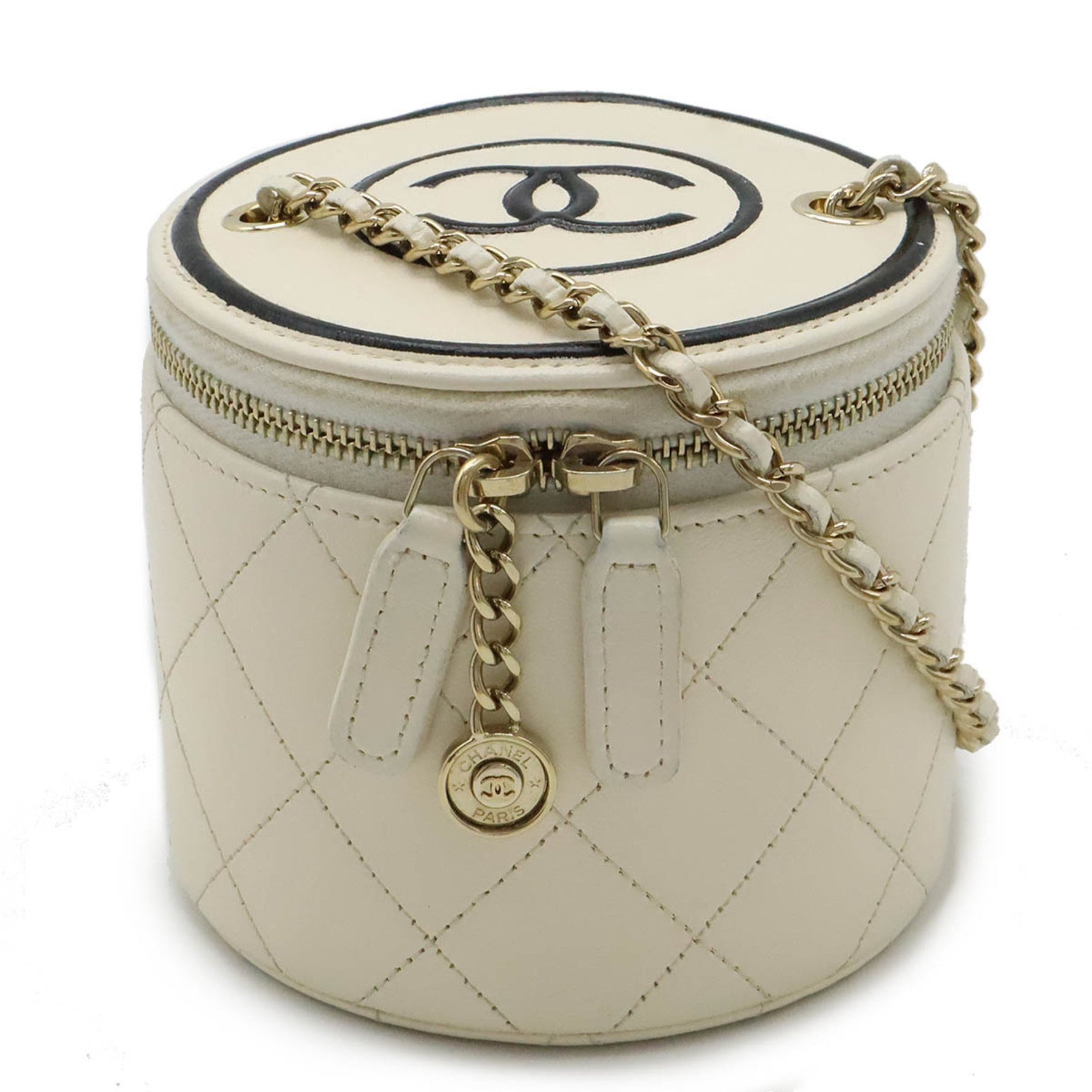 CHANEL Small Vanity Bag Chain Shoulder Coco Mark Calfskin Ivory Black AP2193