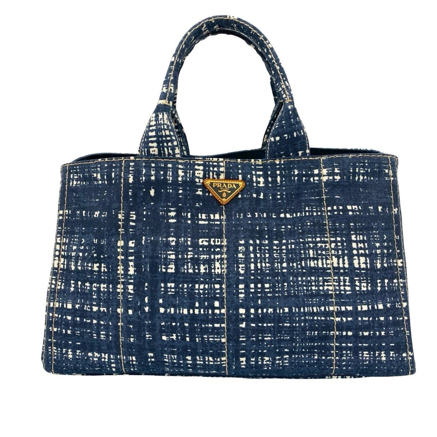 PRADA Canapa Triangle Logo Plate with Metal Hardware, Denim Pattern Canvas Handbag/Tote Bag