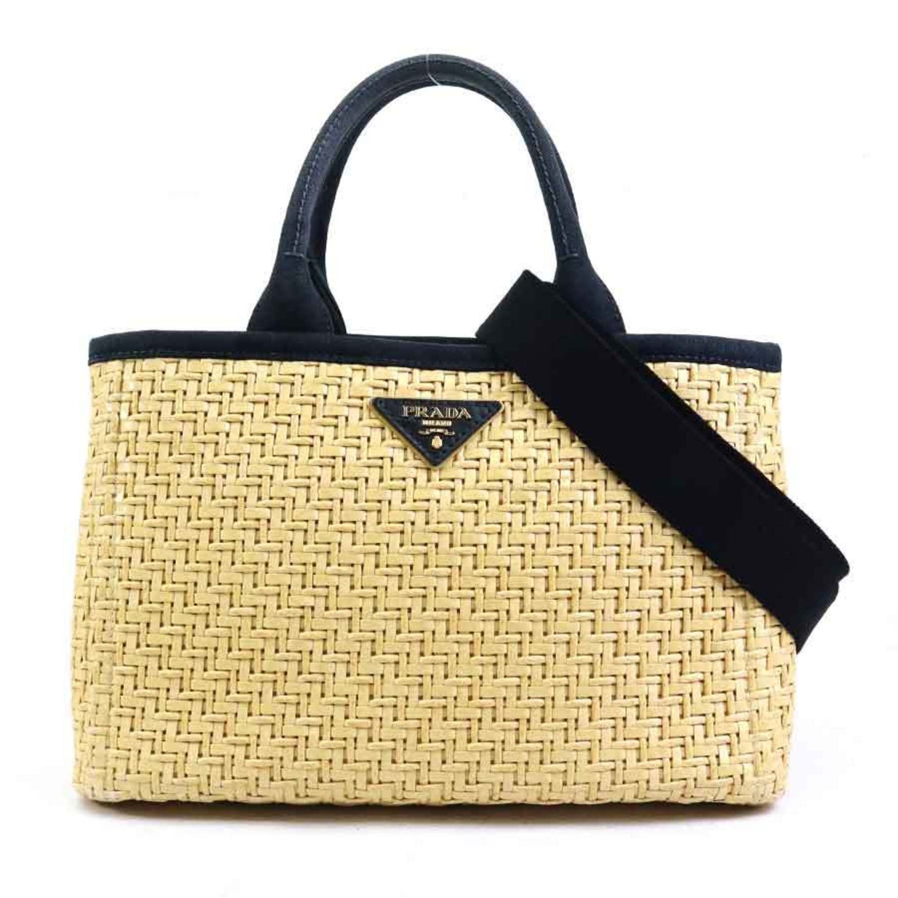Prada Handbag Shoulder Bag Straw Canvas Beige Black Gold