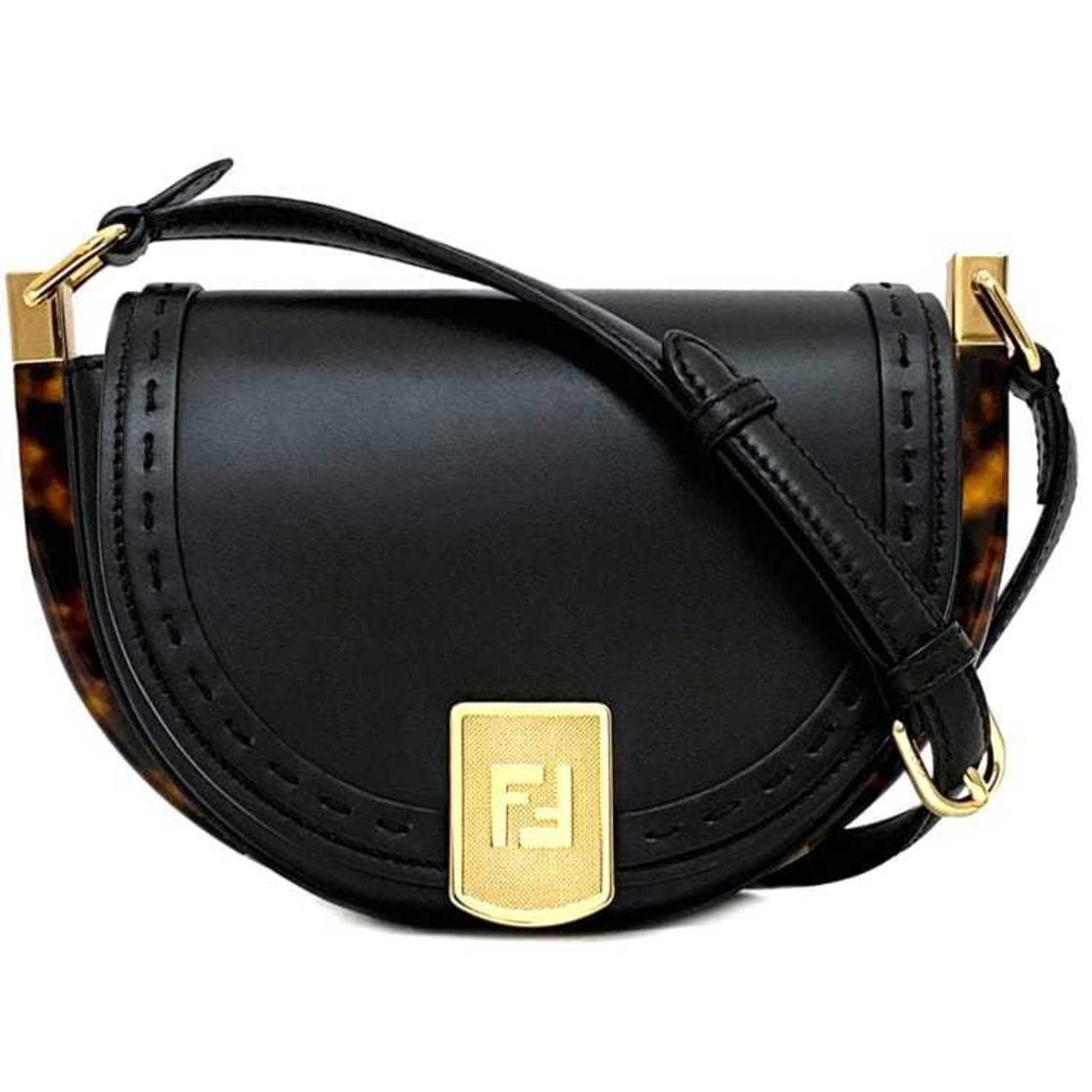 Fendi Moonlight Shoulder Bag Tortoiseshell Leather Flap Half Moon Compact