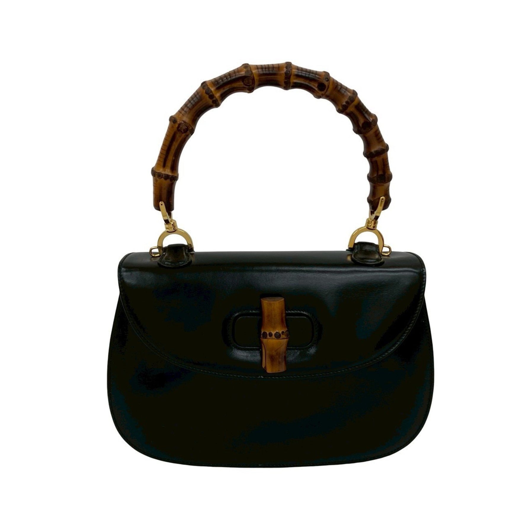 GUCCI Old Gucci Bamboo Turnlock Leather Handbag/Mini Tote Bag in Black