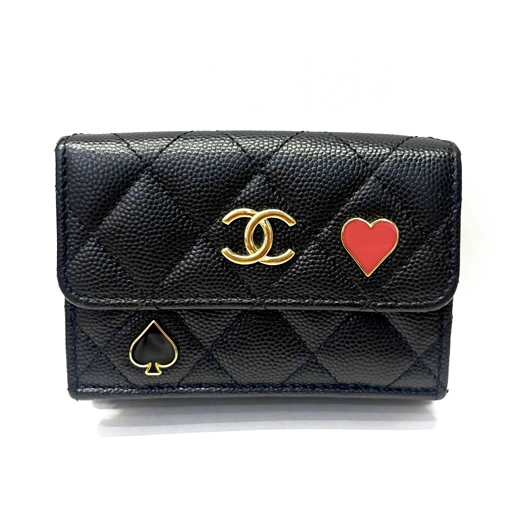 CHANEL Caviar Leather Heart Spade Tri-fold Wallet
