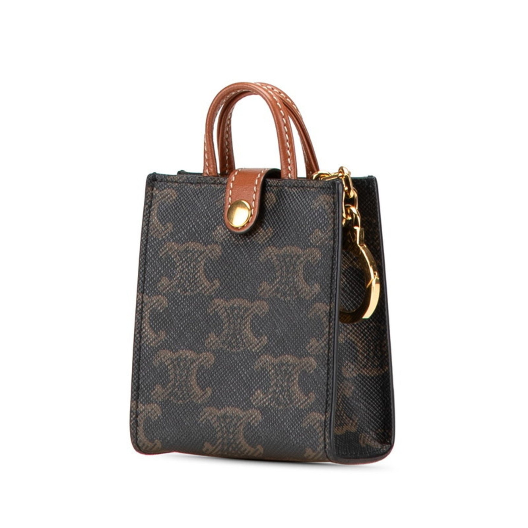 Celine Triomphe Micro Vertical Cabas Charm Keyring in Brown PVC and Leather for Women.