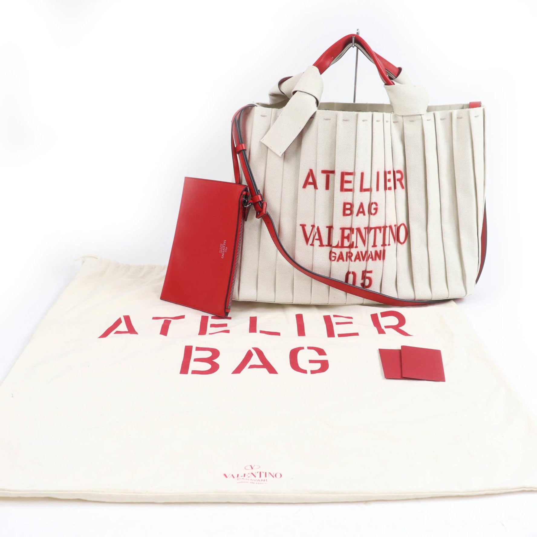 Valentino Garavani Atelier Bag, Canvas Tote, and Leather Tote Natural Pure Rouge, Comes with Dust Made in Italy