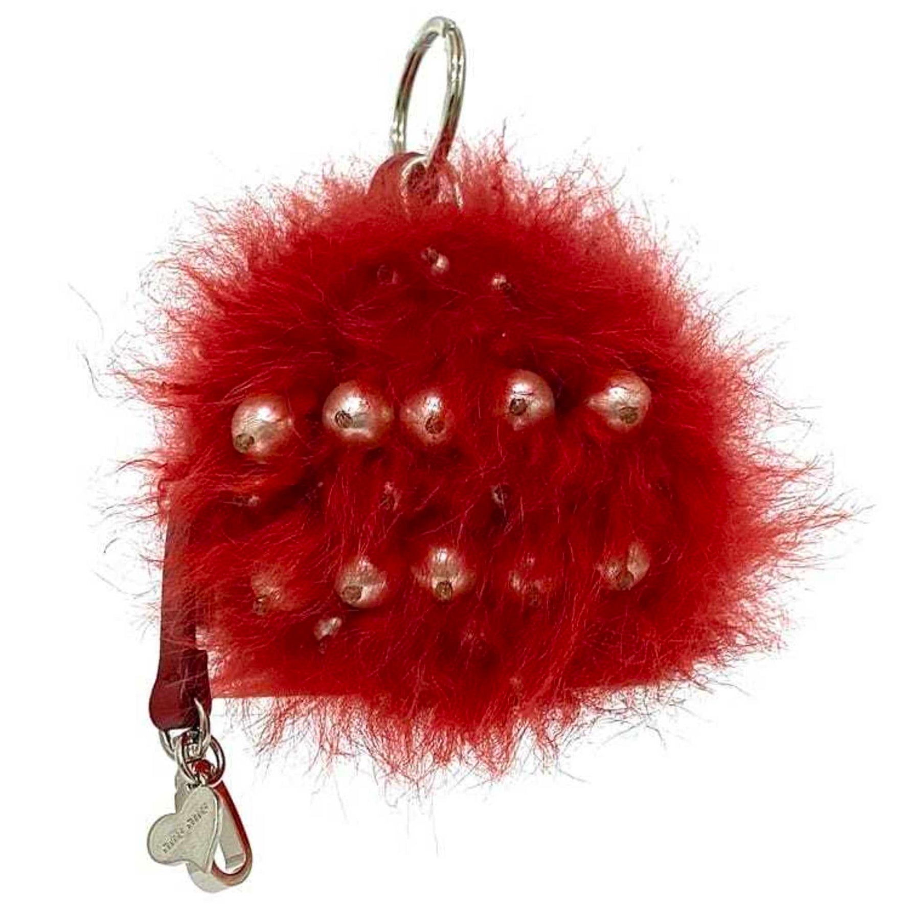 Miu Miu Miu Mini Pouch ec-23038 Red Bag Charm Fur Leather Faux Pearl 178 Coin Purse Keychain Women's