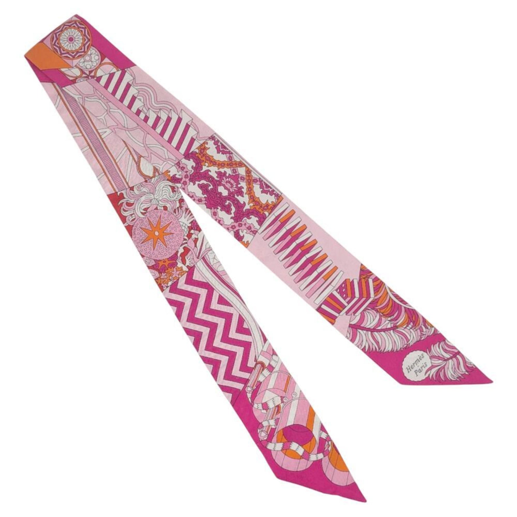 HERMES Twilly Scarf/Muffler, 100% Silk, Del'Ombrelle aux Duels, Women's, Fuchsia, Rose Pale, Orange, Pink
