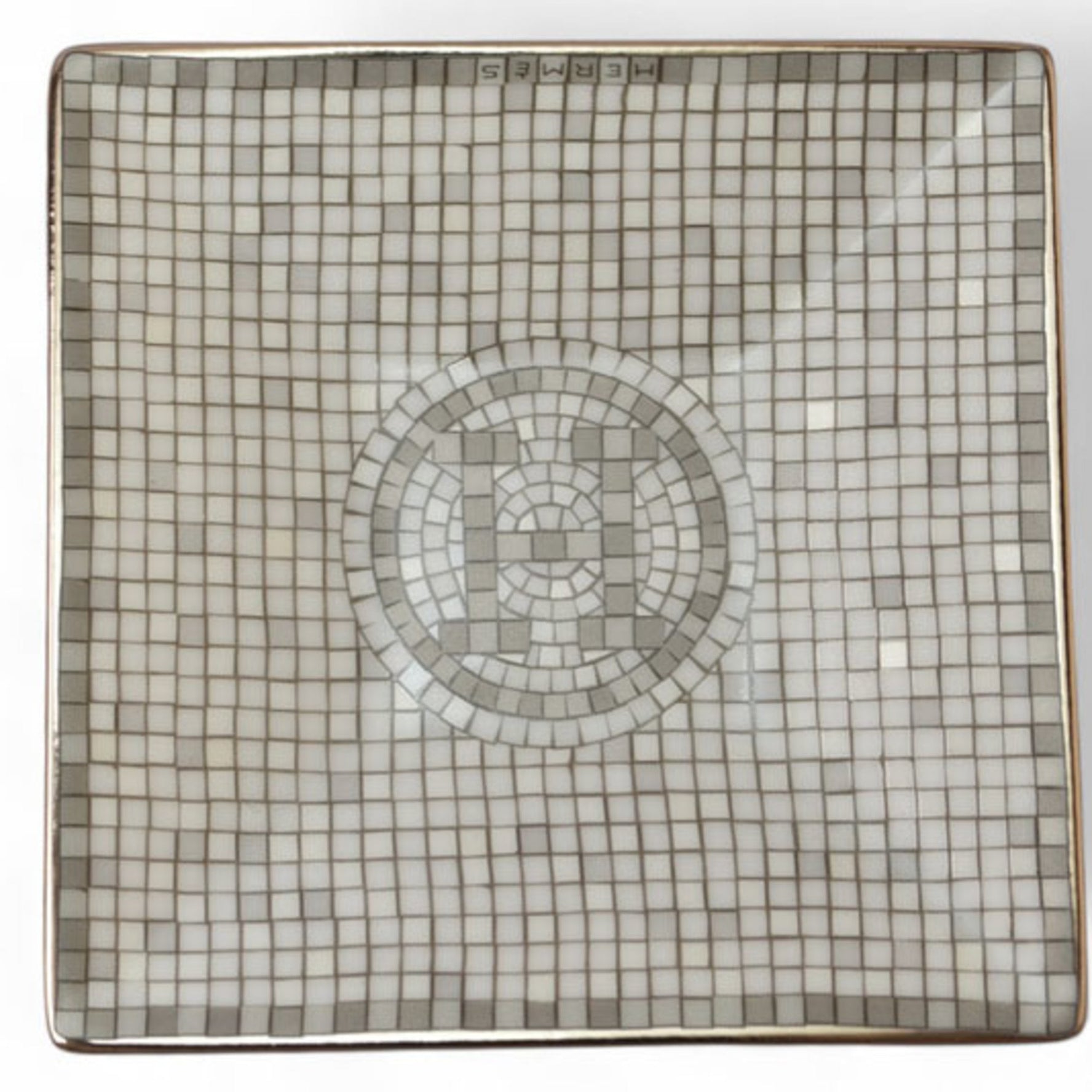 Unused Hermès Mini Plate/Tray, HERMES Mosaic Vin Quatre Platinum 7cm Petit Carré Square Plate No.1