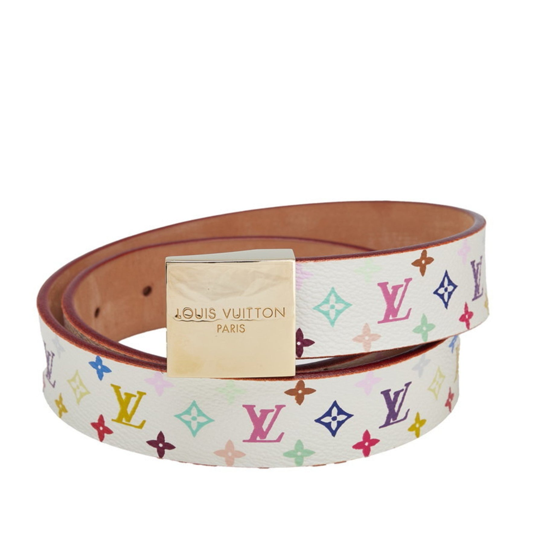 Louis Vuitton Monogram Multicolore Santur Carre Belt, Size 70 (28), Blanc White Leather, LOUIS VUITTON