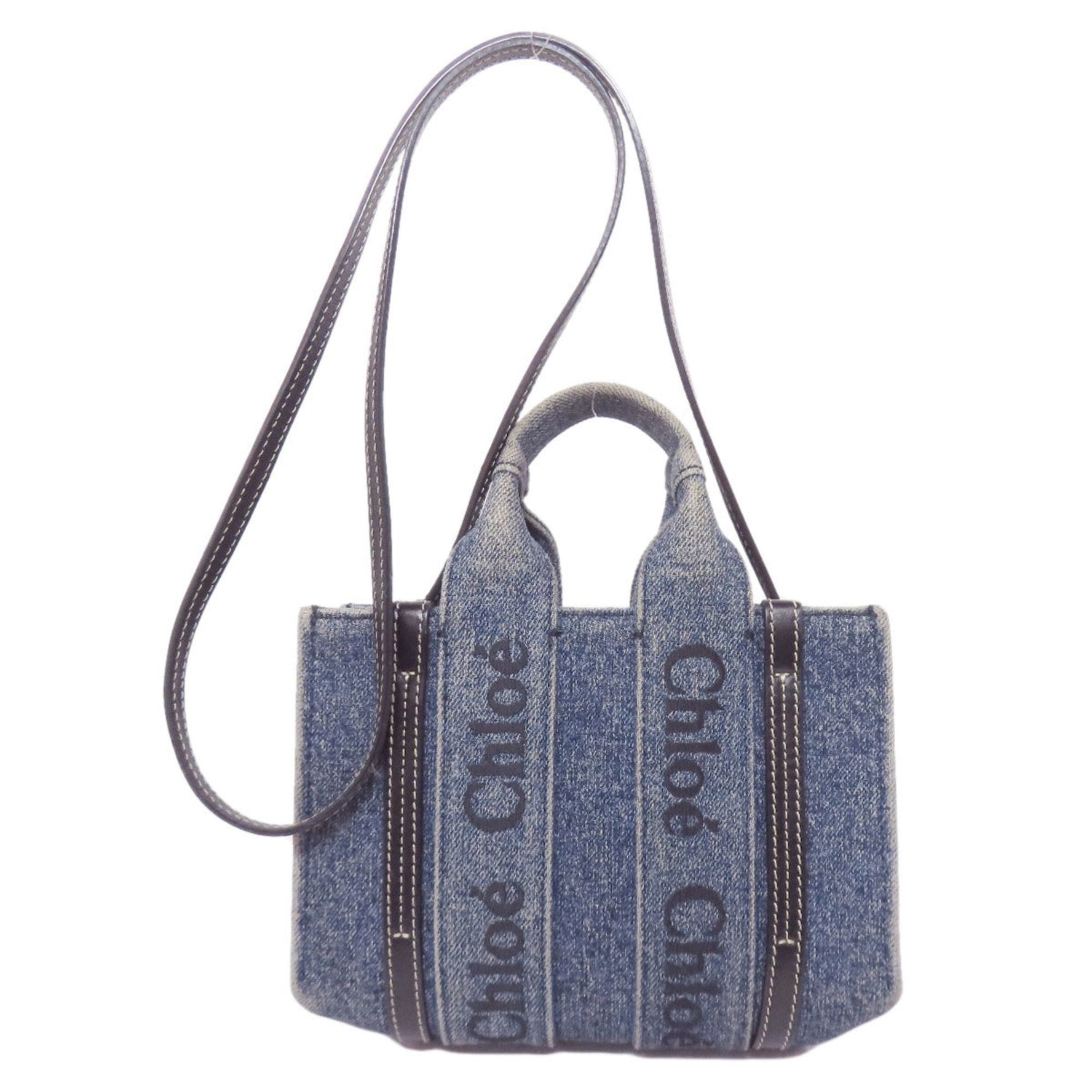 Chloé Chloe Woody Mini Handbag in Denim and Calfskin Leather