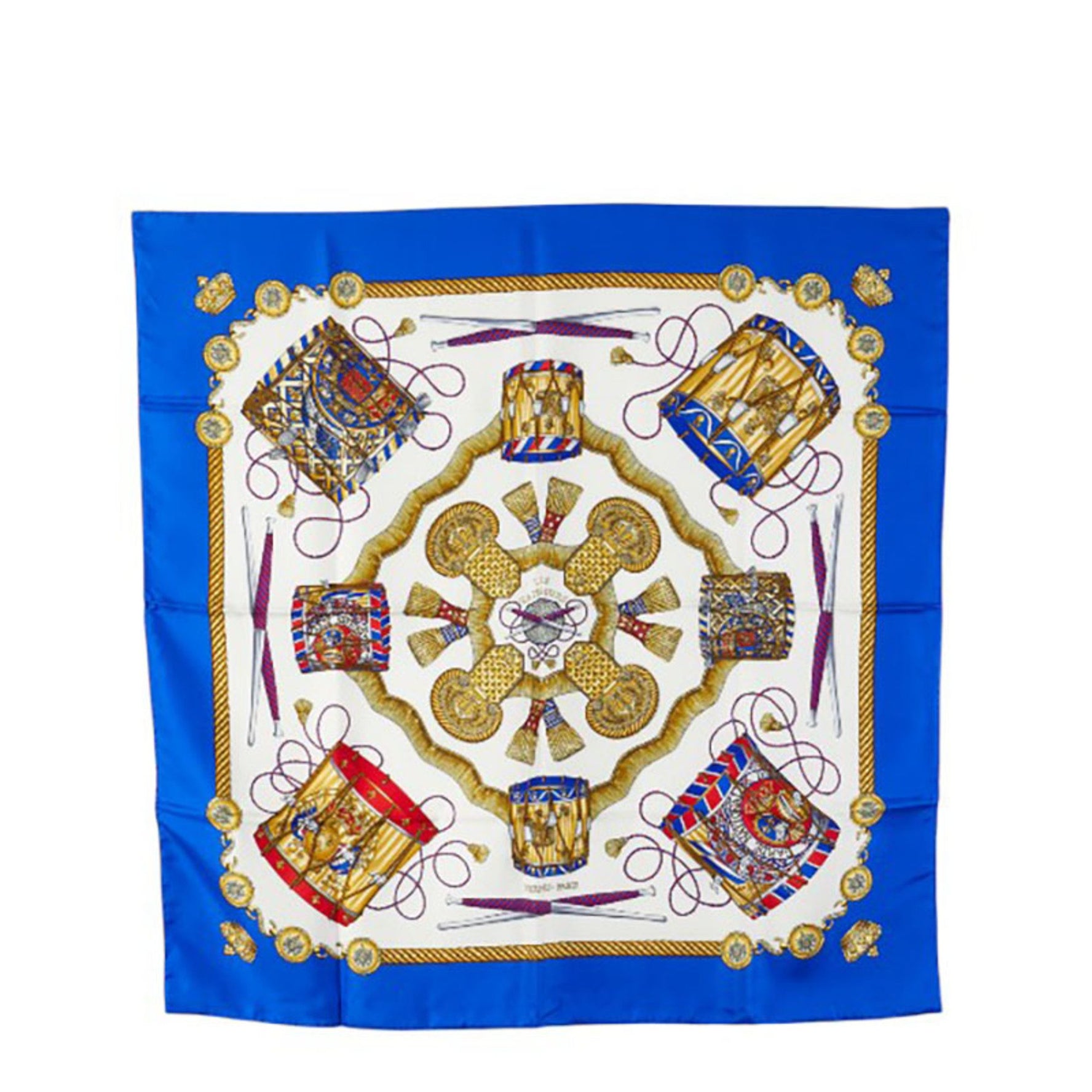 Hermès Carré 90 "Les Tambours" Scarf, Blue, White, Multicolor, Silk, HERMES