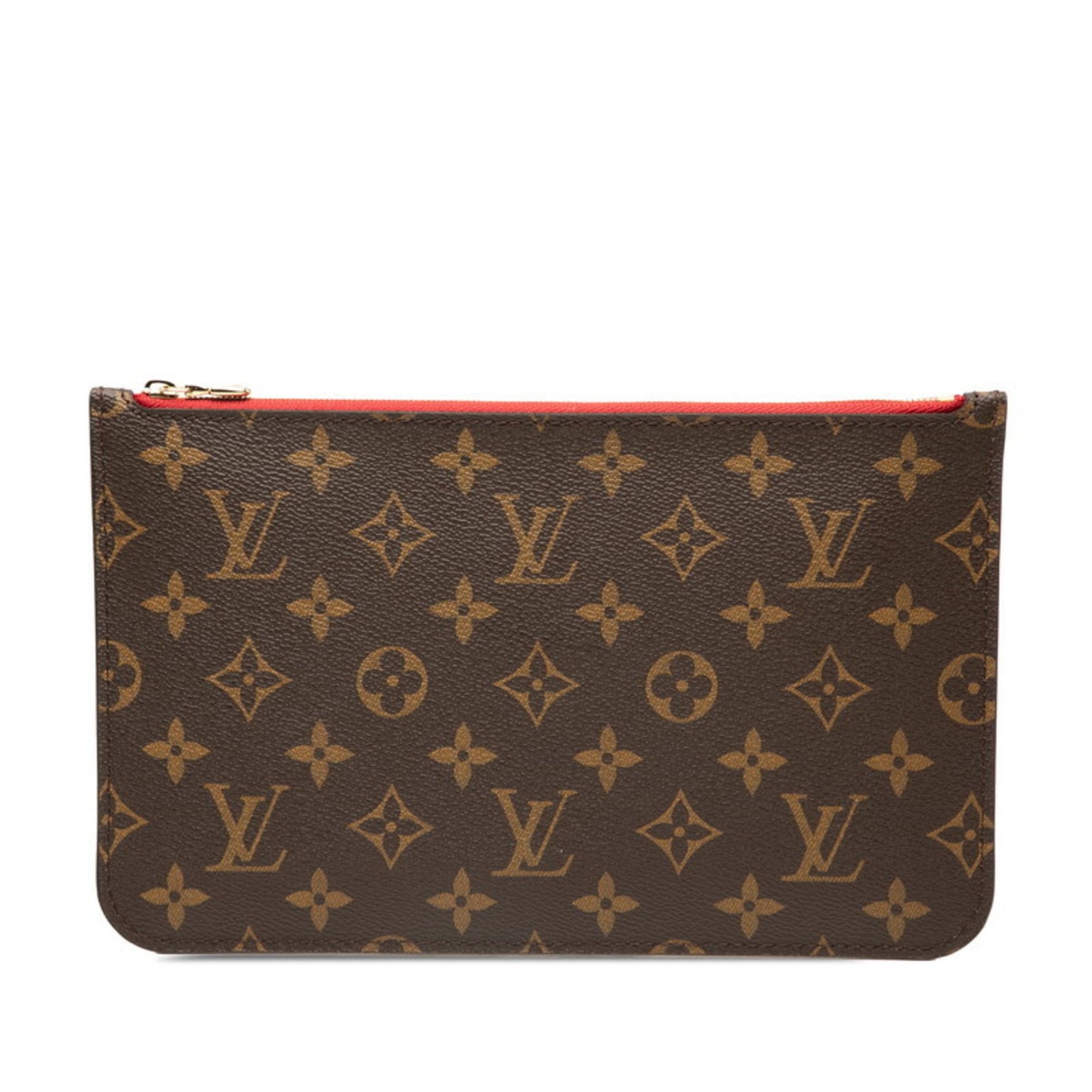 Louis Vuitton Monogram Neverfull MM with attached pouch in brown and red.