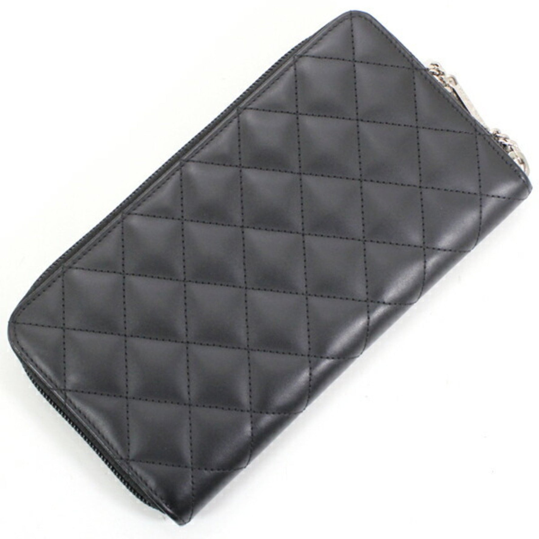 Chanel Long Wallet Cambon Line Calf Leather Enamel Black Pink Round Matelasse CHANEL Women's Coco Mark Quilted Coin Purse Zip