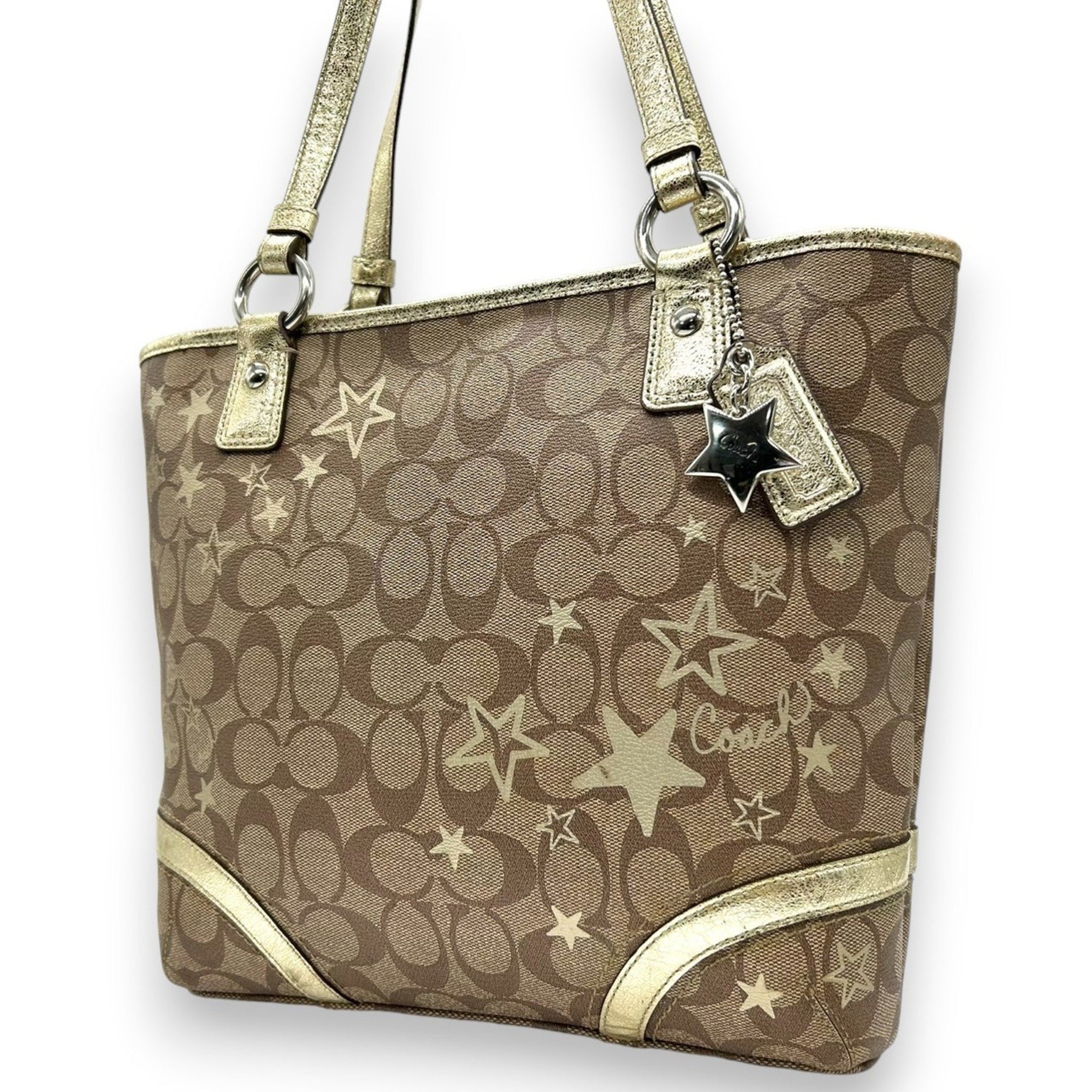 COACH Tote Bag Signature Star Pattern Leather and Gold Size Holder Shoulder Strap with Charm Included (Size