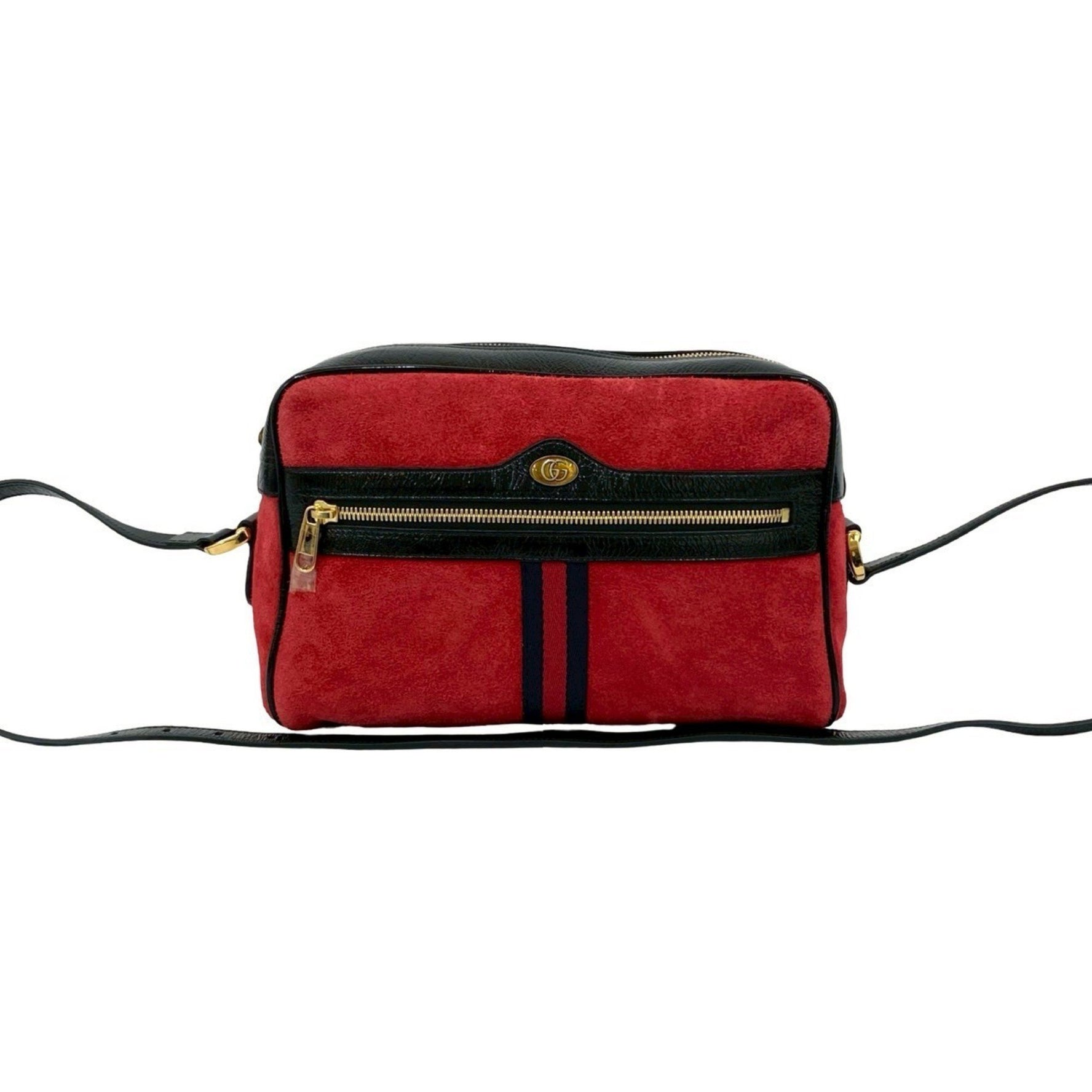 Unused, stored GUCCI Ophidia Sherry Line shoulder bag in red with GG logo, suede, and patent leather.