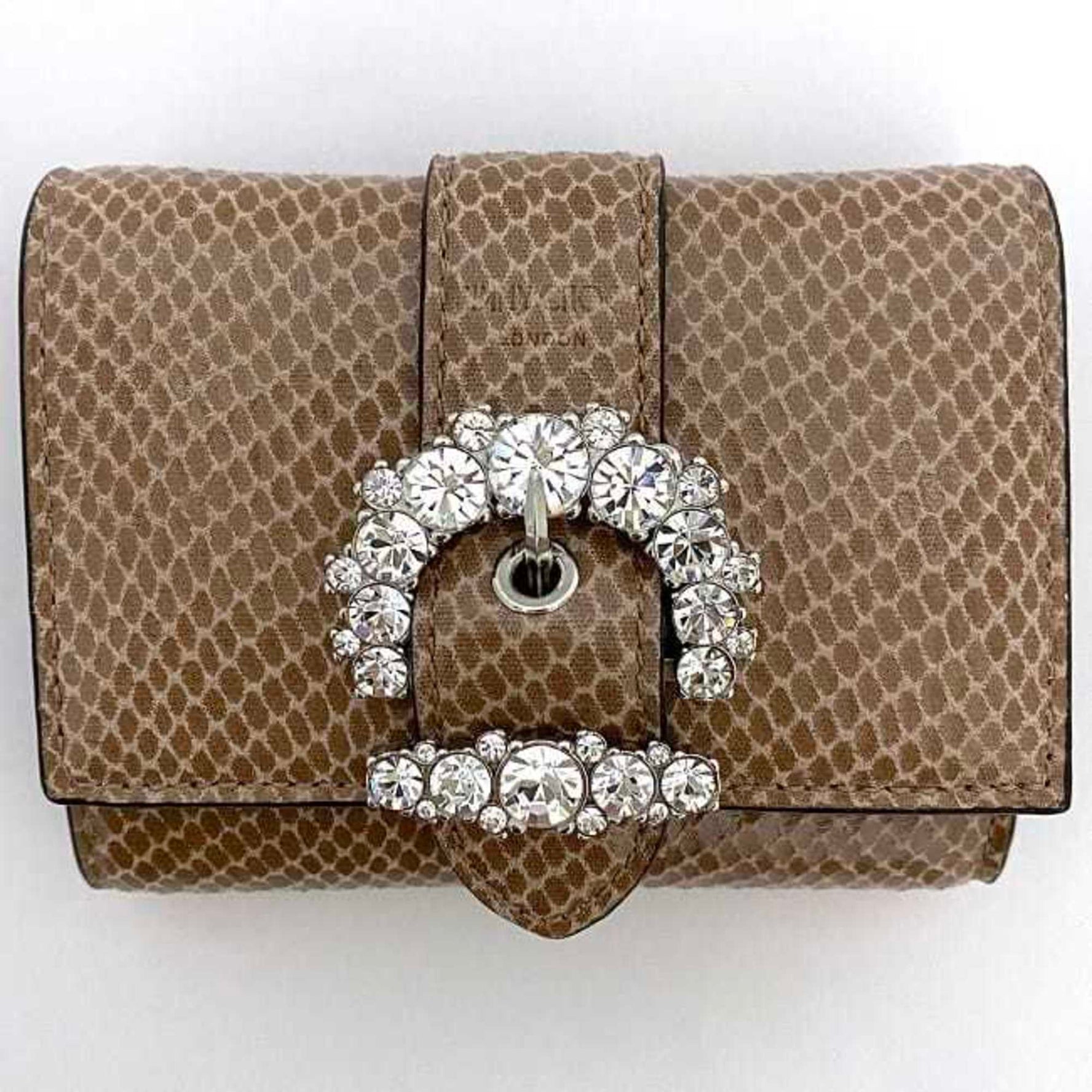 Jimmy Choo Trifold Wallet Beige Pink OLPF 028 Billfold Leather Compact Stone Belt Ladies