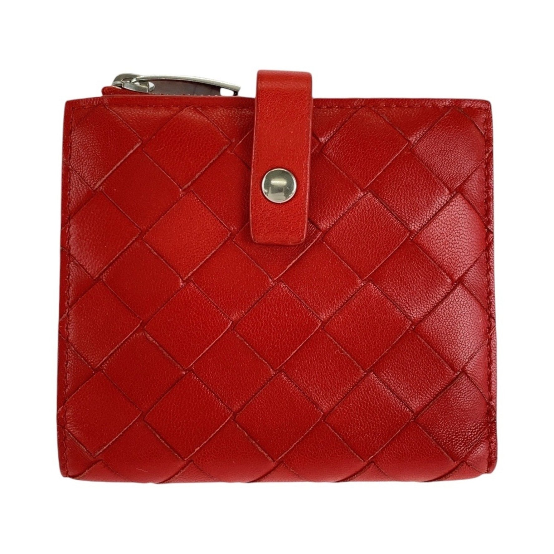 BOTTEGAVENETA Bottega Veneta Maxi Intrecciato Red Silver Hardware Leather Folding Wallet Compact