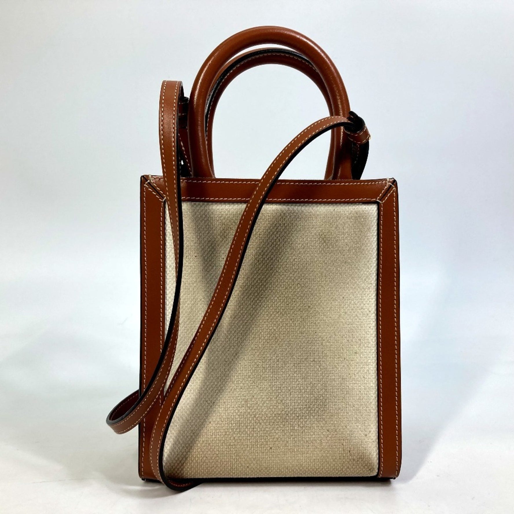 CELINE Horse-Drawn Vertical Cabas Mini Shoulder Bag in Canvas/Leather, Natural Beige
