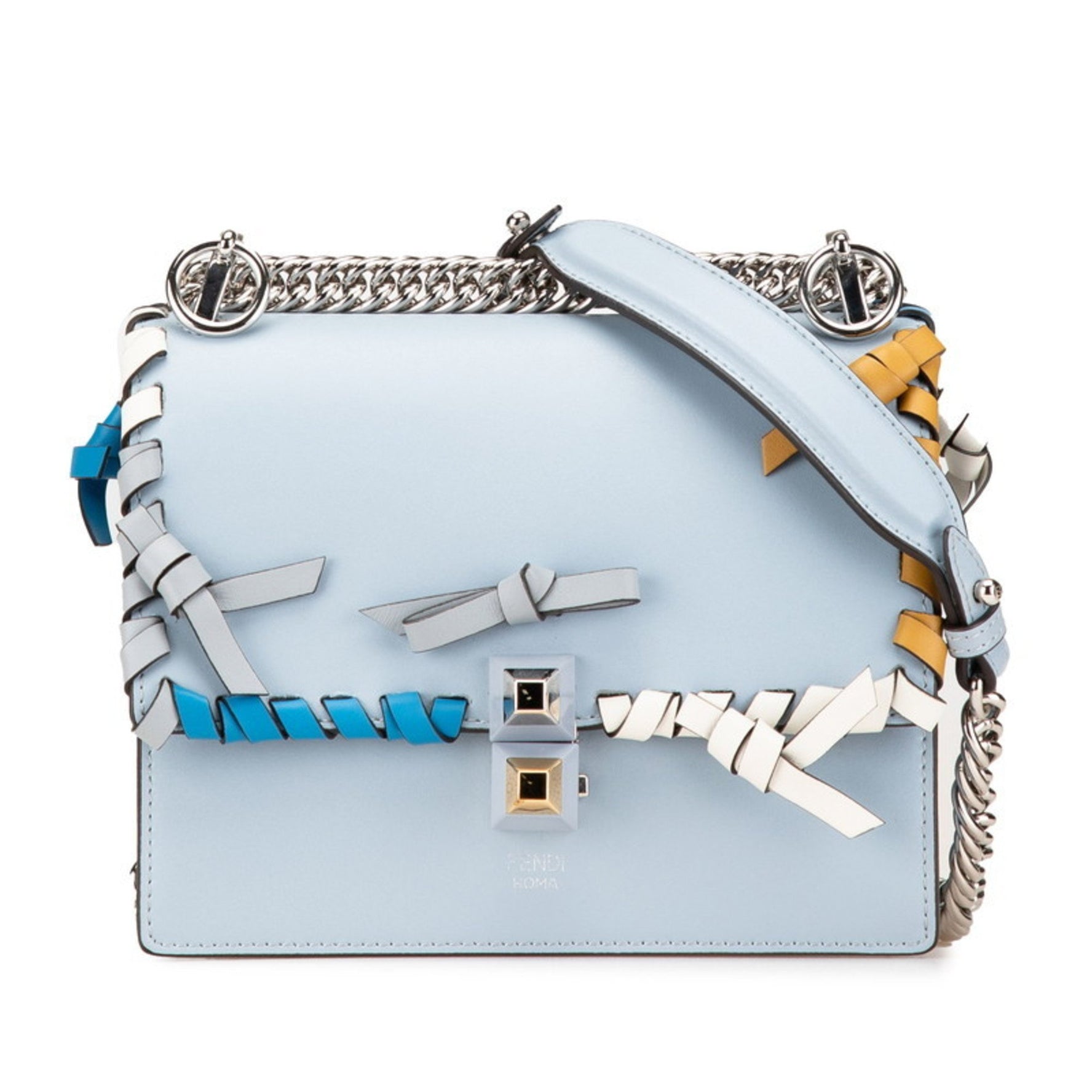 FENDI Canai Mini Ribbon Chain Shoulder Bag Handbag Light Blue Silver Leather
