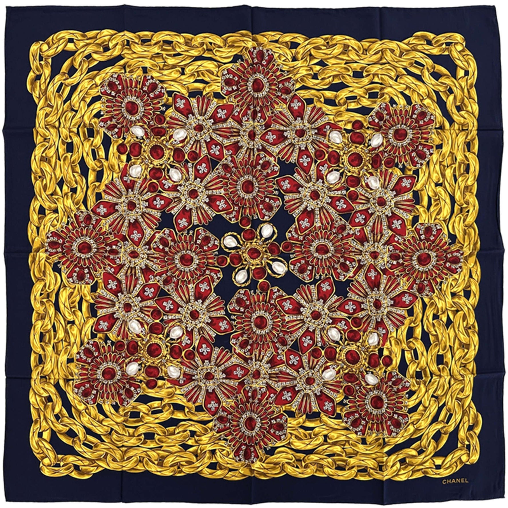 CHANEL Cambon Matelasse Scarf, Silk, Navy, Yellow, Red, with Beaded Chain