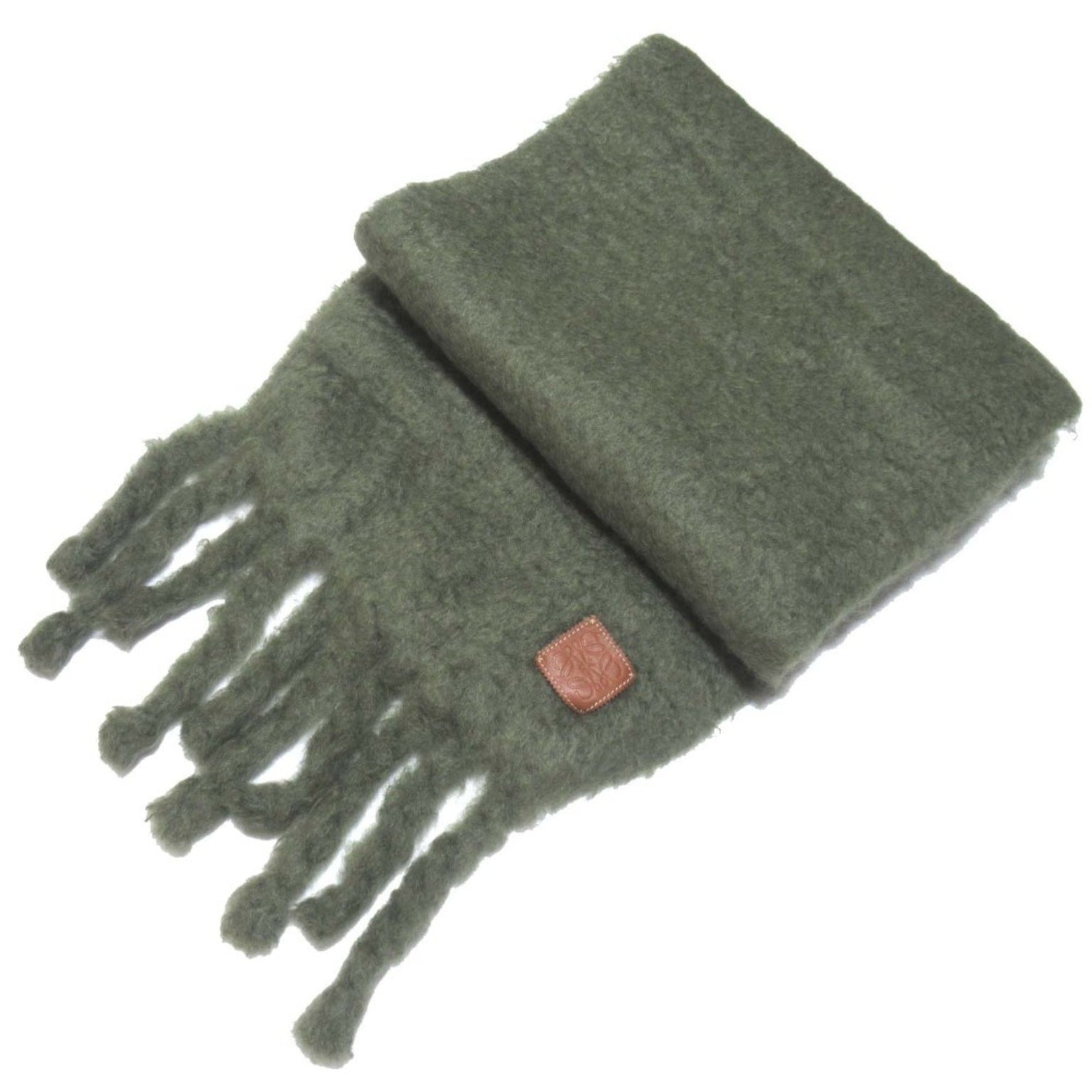 LOEWE Anagram Patch Mohair Knit Fringe Scarf Dusty