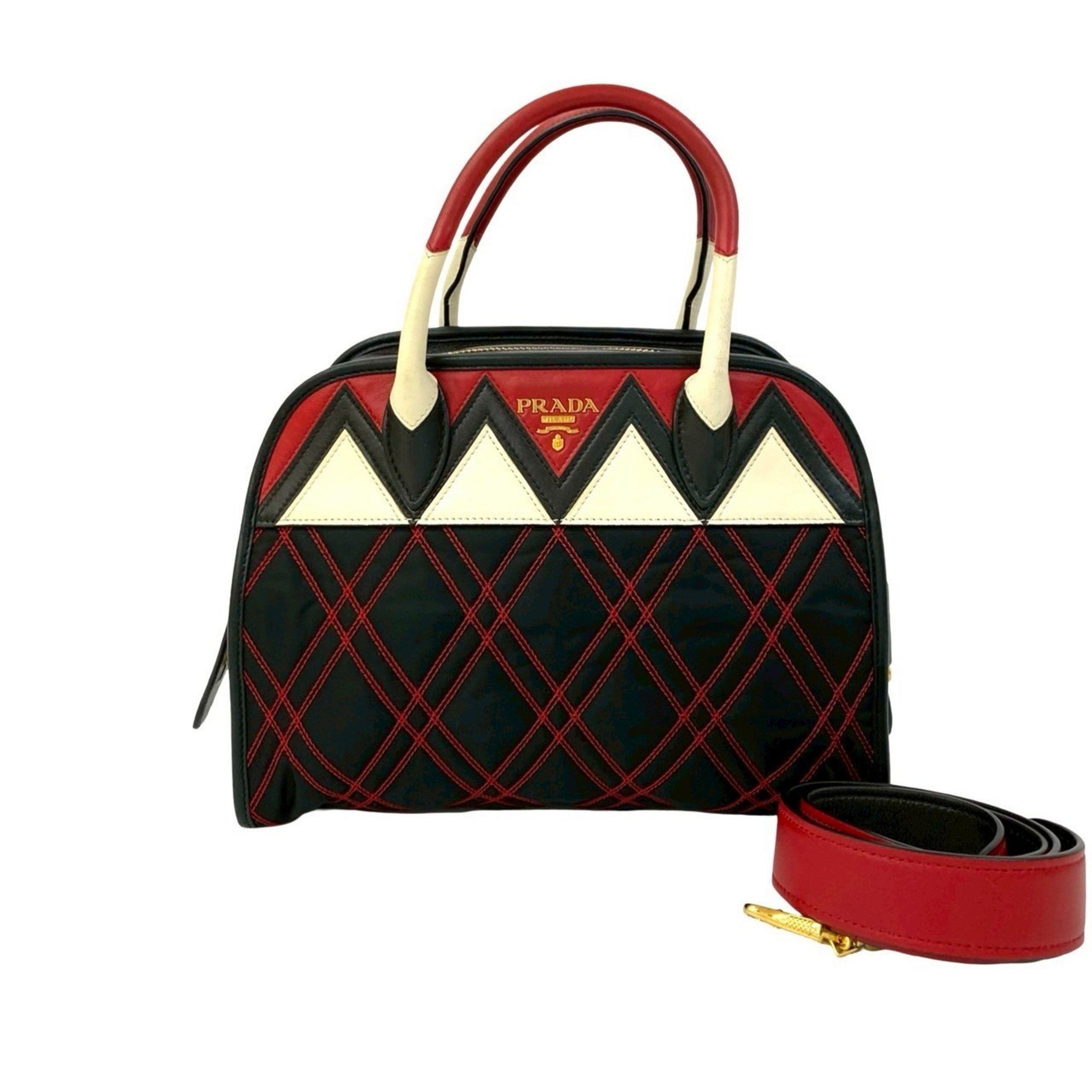 PRADA logo hardware nylon and leather handbag, Boston bag, shoulder black, red, white