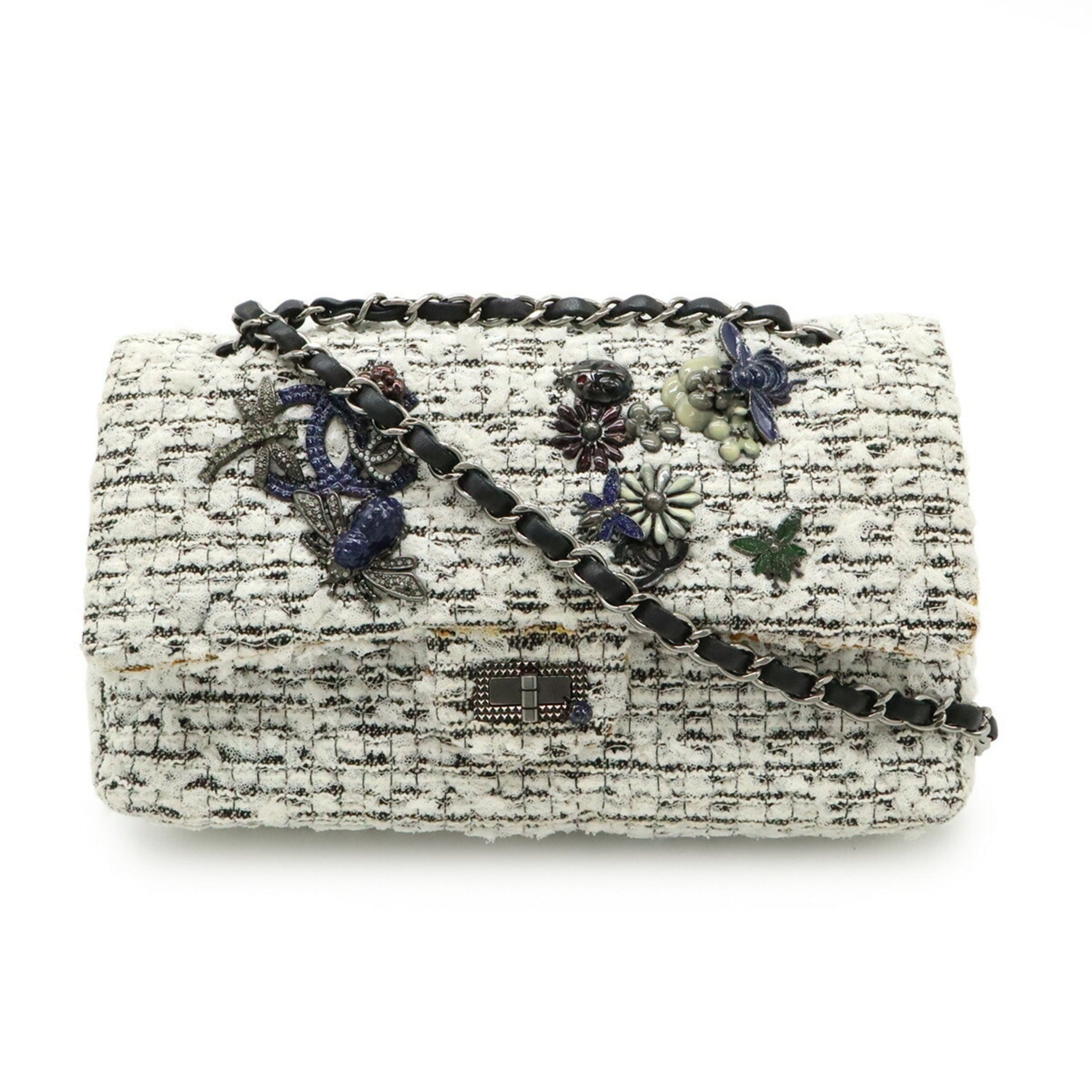 CHANEL 2.55 Tweed Double Flap Chain Shoulder Bag with Flower Motif, White and Black Leather