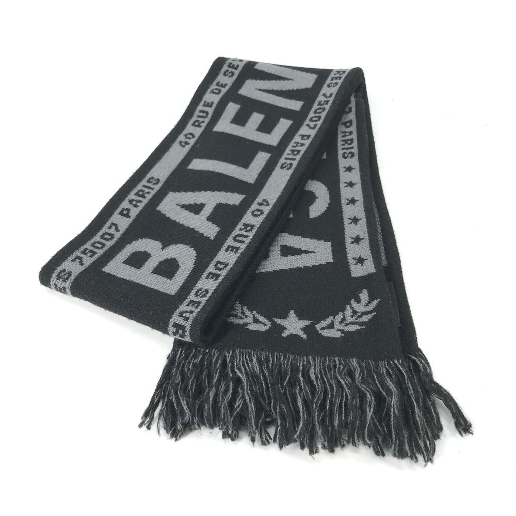 BALENCIAGA Logo Fringe Scarf Wool Acrylic Women's Black