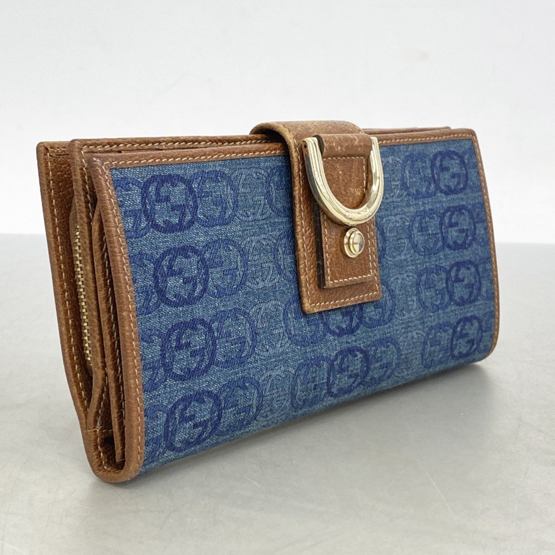 Gucci Interlocking G Long Wallet Denim Blue Brown Women's