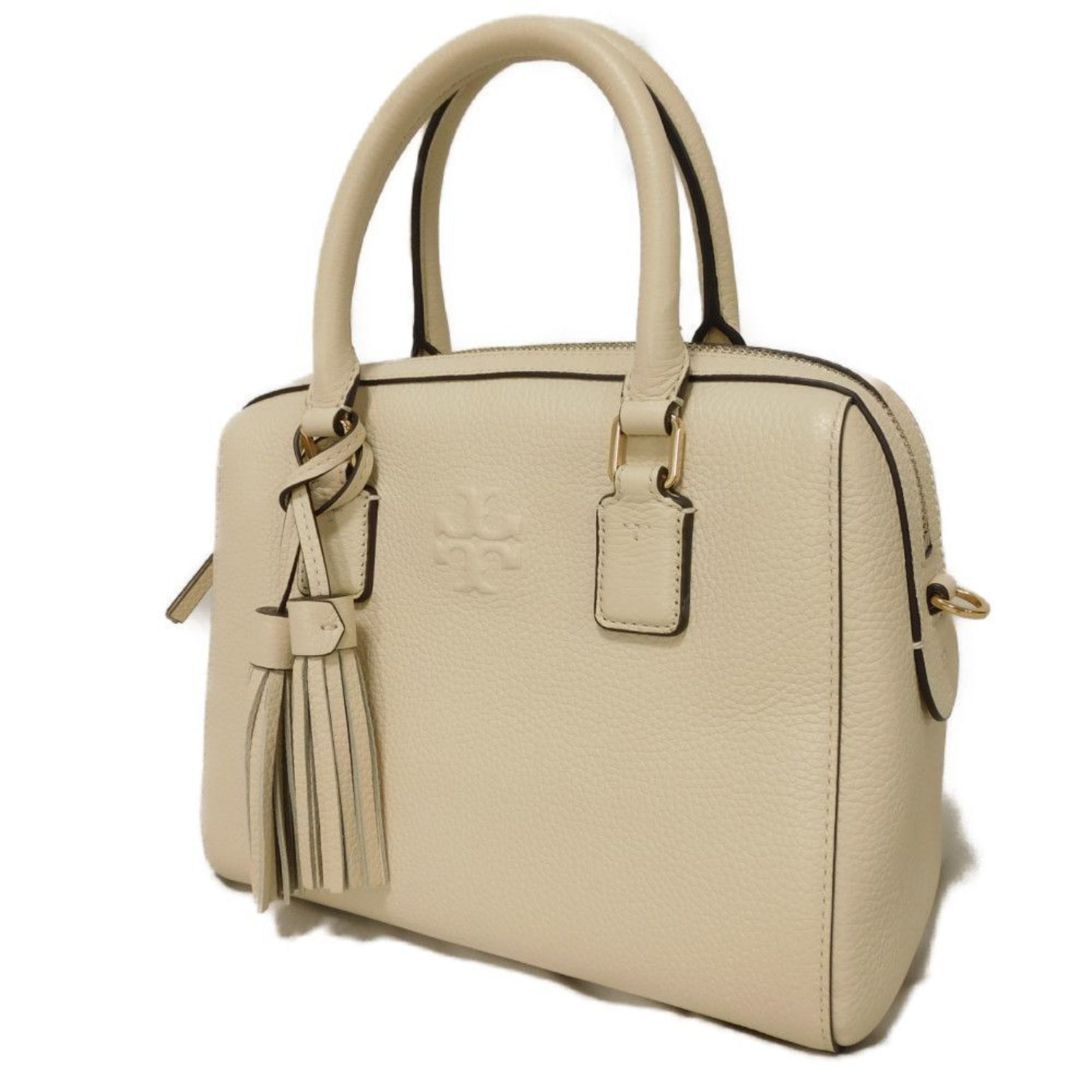 Tory Burch Thea Web Small Satchel Handbag with Calfskin Tassel, Shoulder Bag, Double T, Ivory, Bag