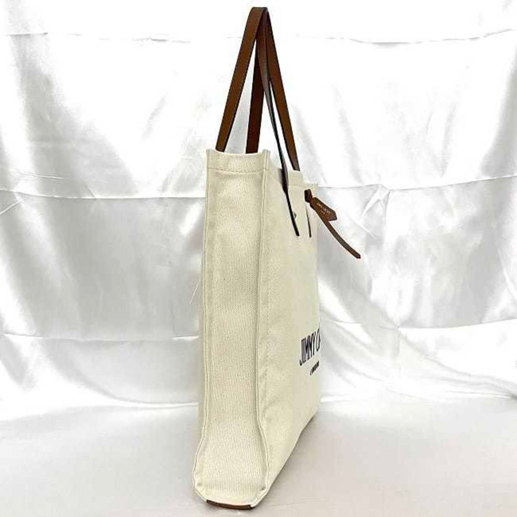 Jimmy Choo Tote Bag Natural White Brown Canvas Leather Unisex