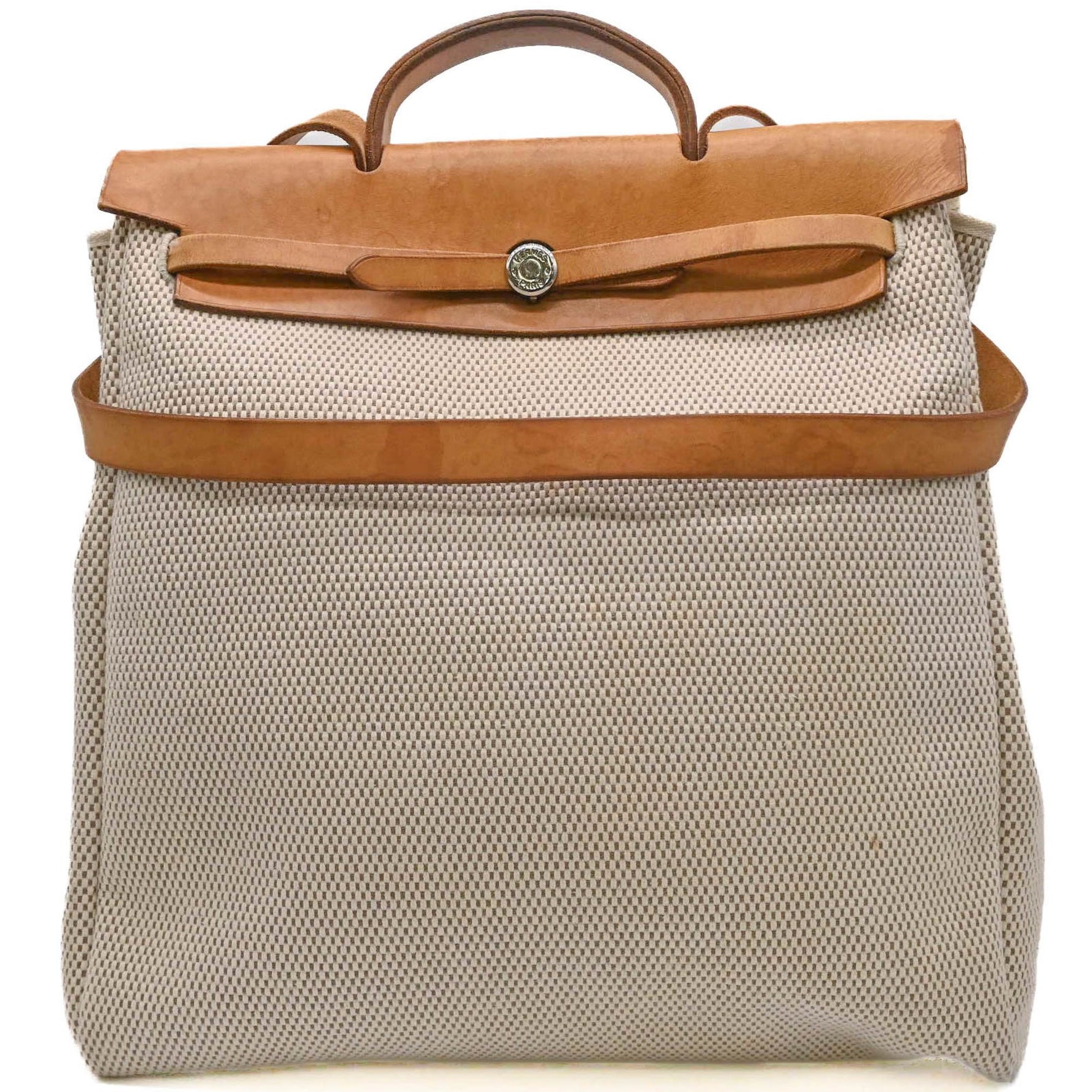 HERMES Airbag MM Shoulder Handbag Toile GM Canvas Leather Brown Beige #□G