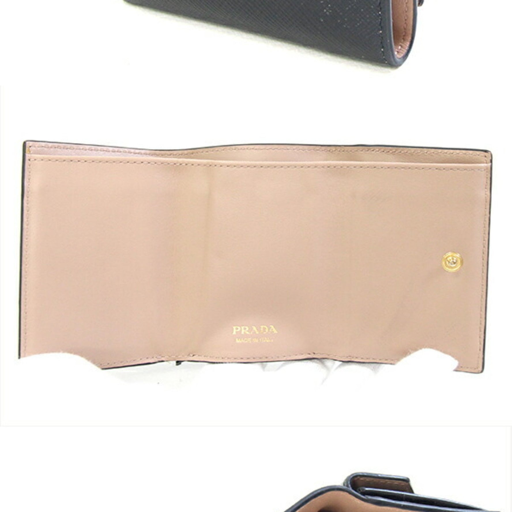 Prada Tri-fold Wallet Black Beige Leather Compact Mini with Ribbon