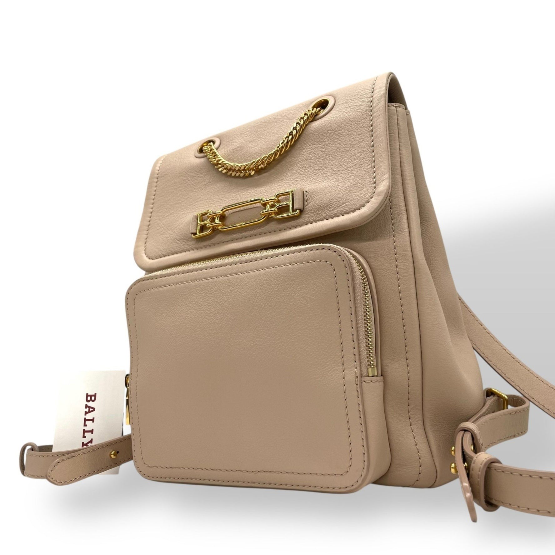 BALLY Backpack Pink Beige Leather Chain Gold Hardware VALMA Women's Guarantee Card Included Q