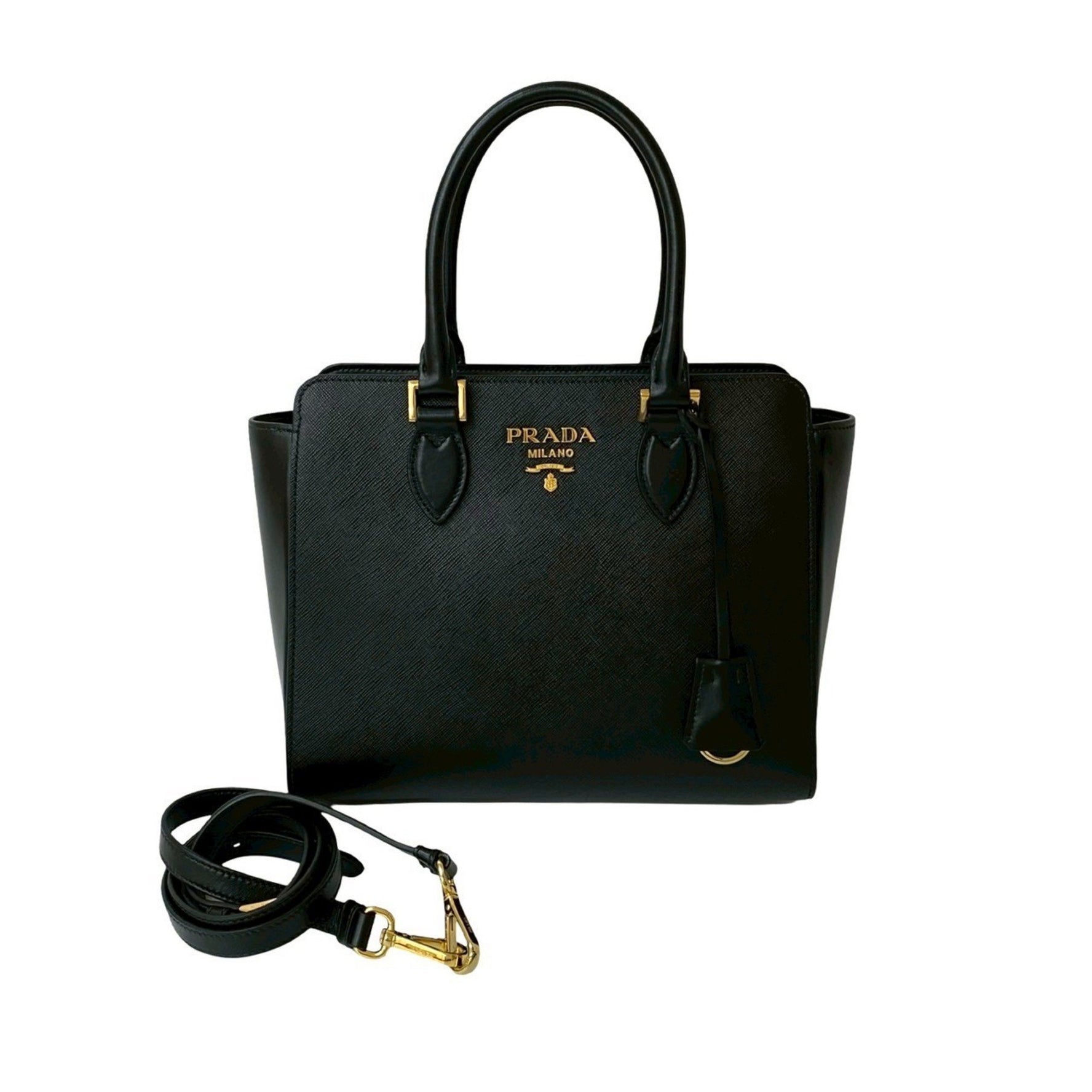 PRADA logo hardware, Saffiano leather handbag, mini tote bag, shoulder