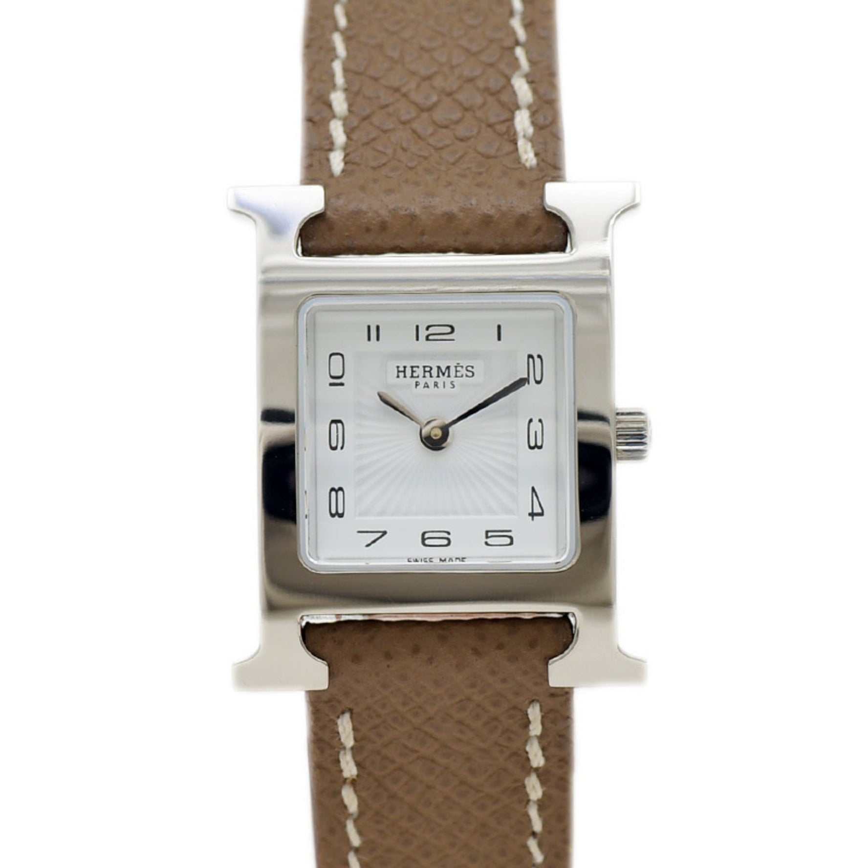 Hermès H Watch PM White Dial Wristwatch with Silver Hardware and Leather Strap, Quartz Movement