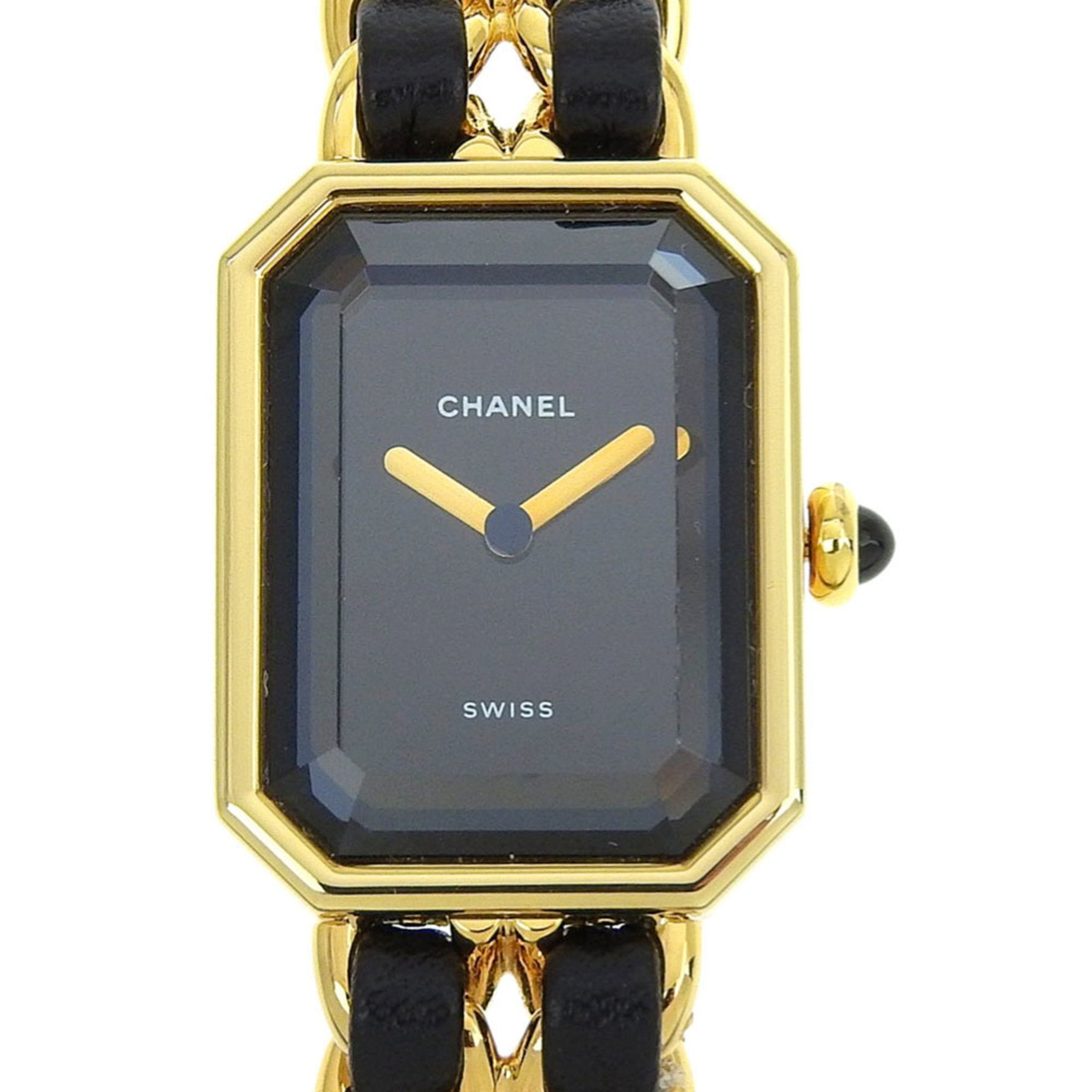 CHANEL Premiere S Watch Gold-Plated Leather Quartz Movement, Analog Display, Black Dial