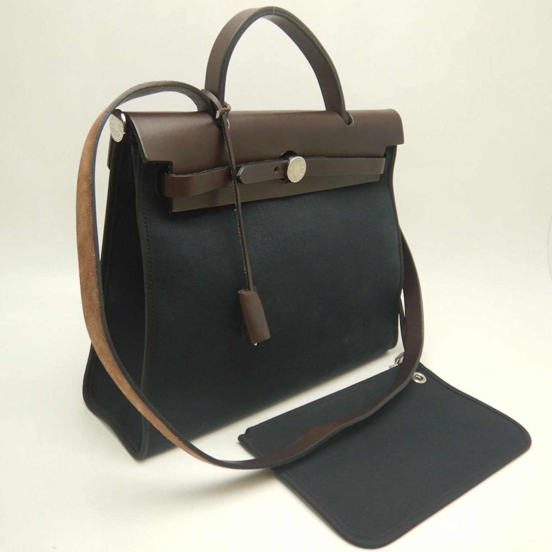 HERMES Airbag Zip PM Handbag, Toile Militaire, Vache Hunter, Cotton Canvas and Leather, Black Brown