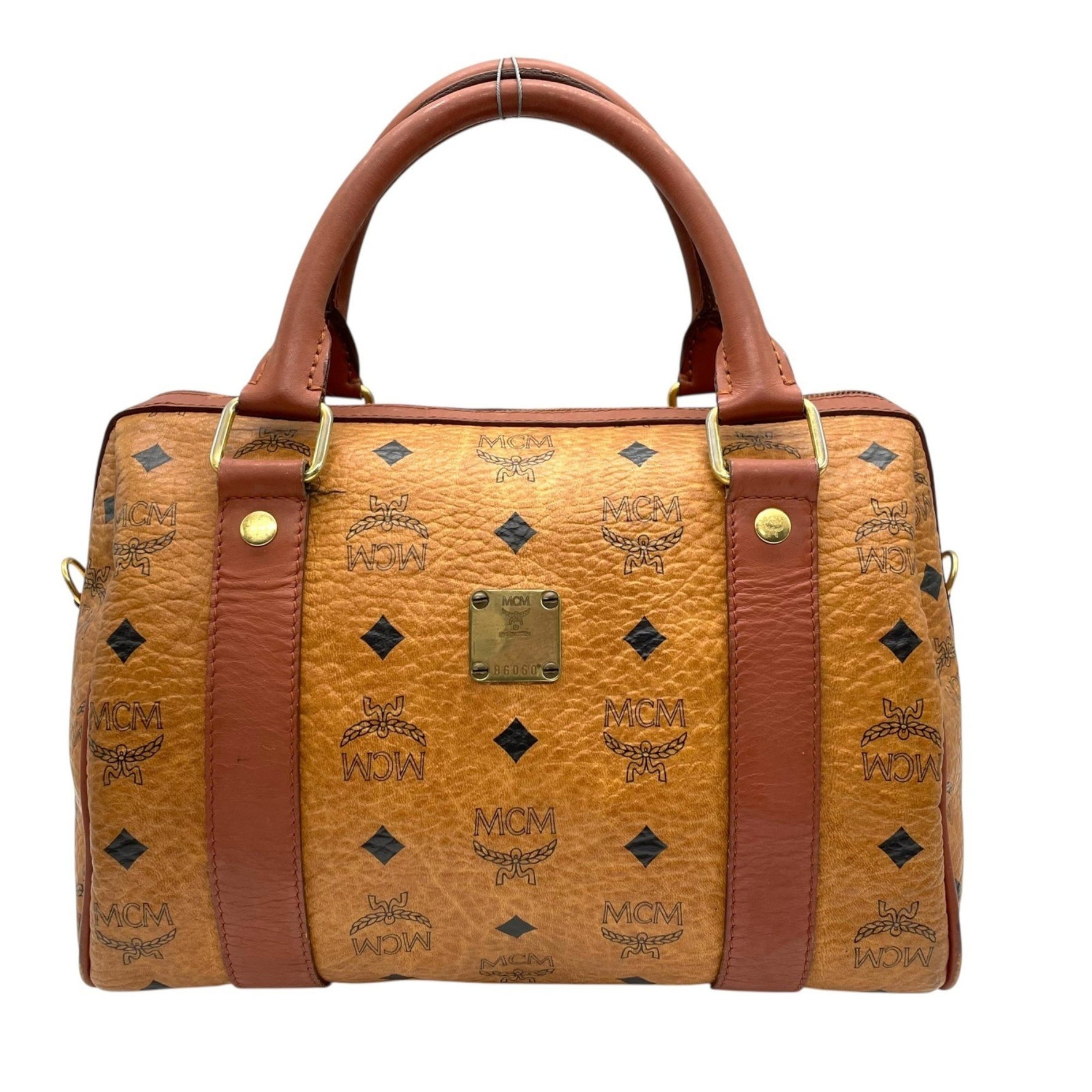 MCM Visetos Handbag, Mini Boston Bag, Shoulder Cognac Leather with Gold Hardware, Size C