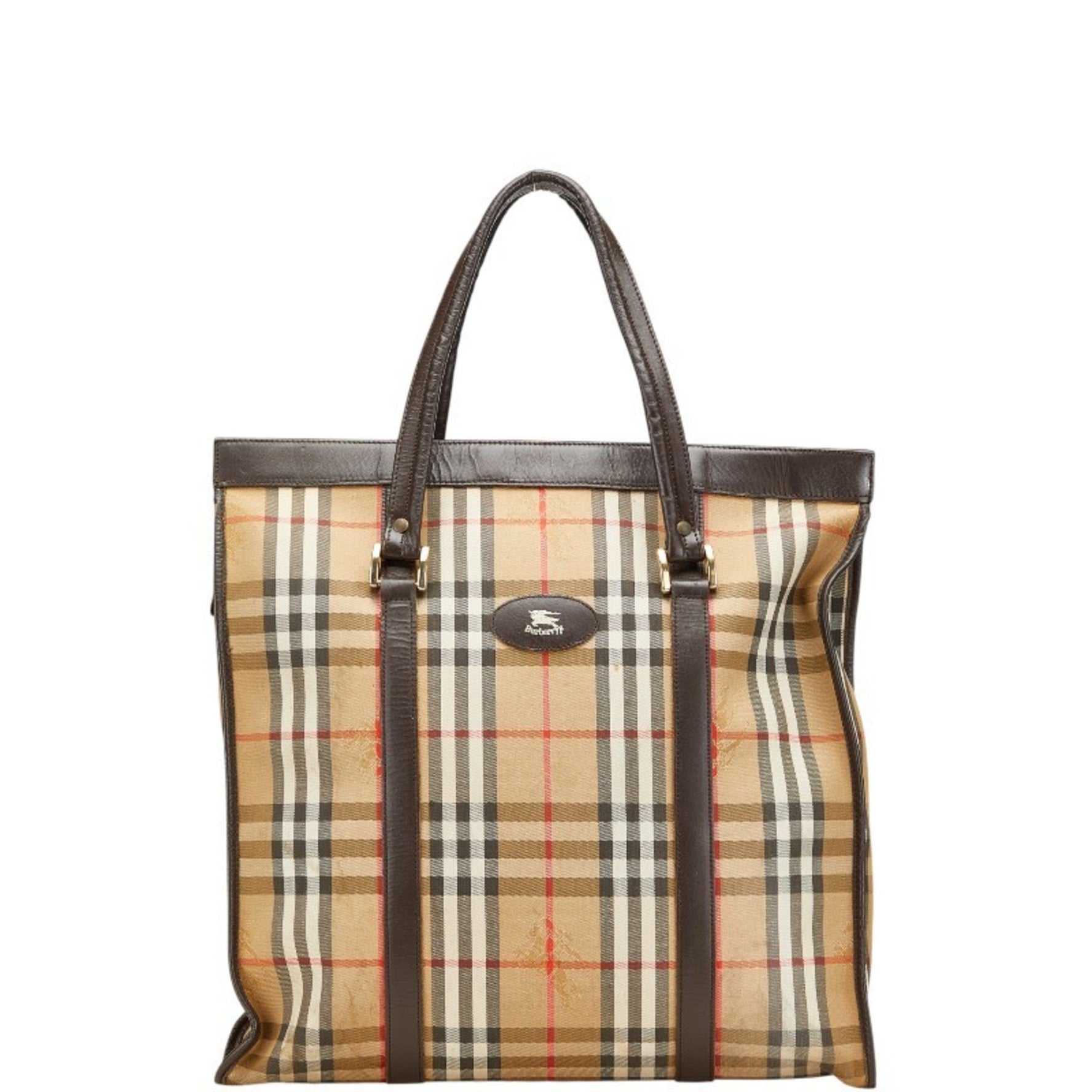 Burberry Nova Check Shadow Horse Tote Bag, Beige, Brown, Multicolor Canvas, Leather